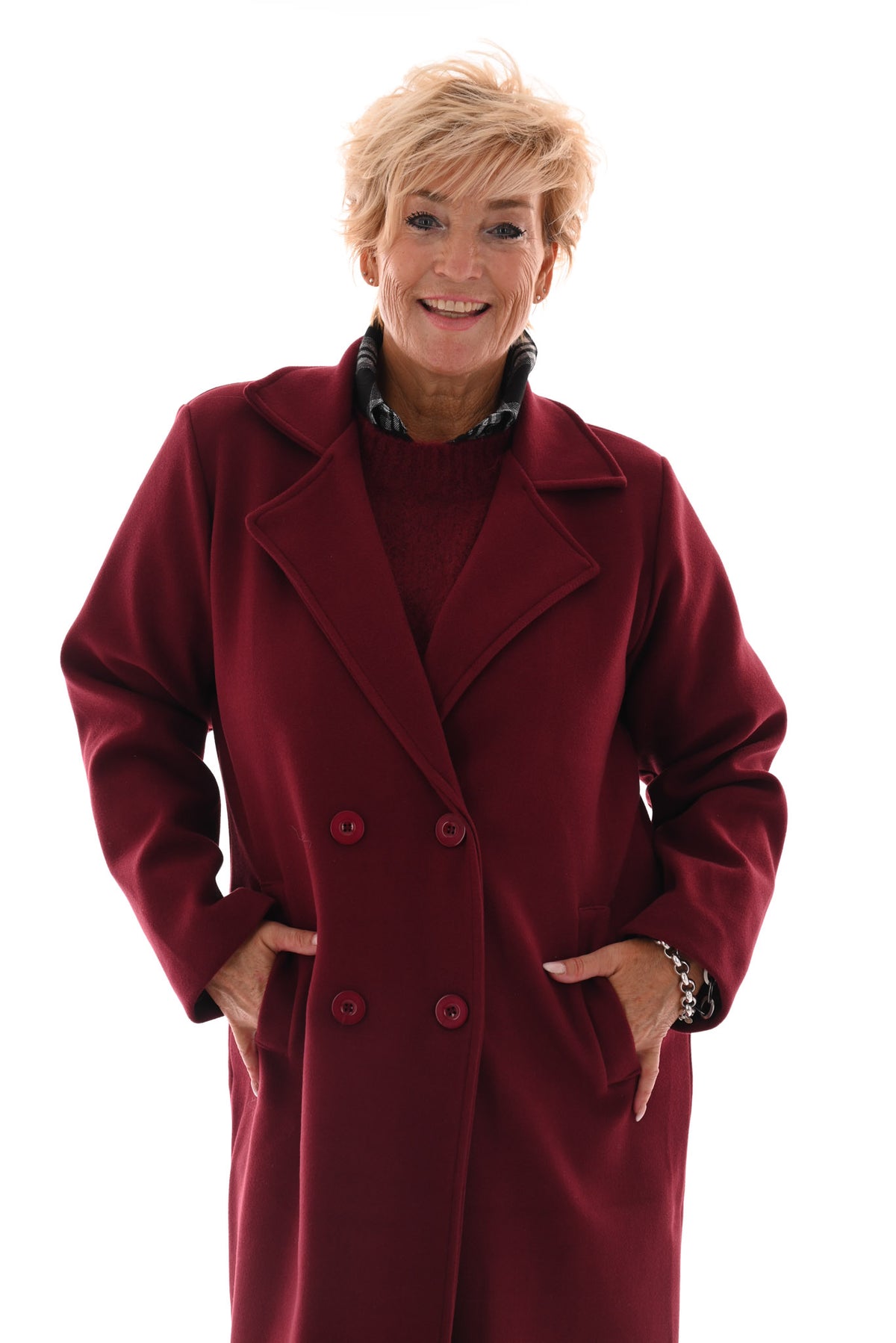 Mantel jas lang met knopen bordeaux
