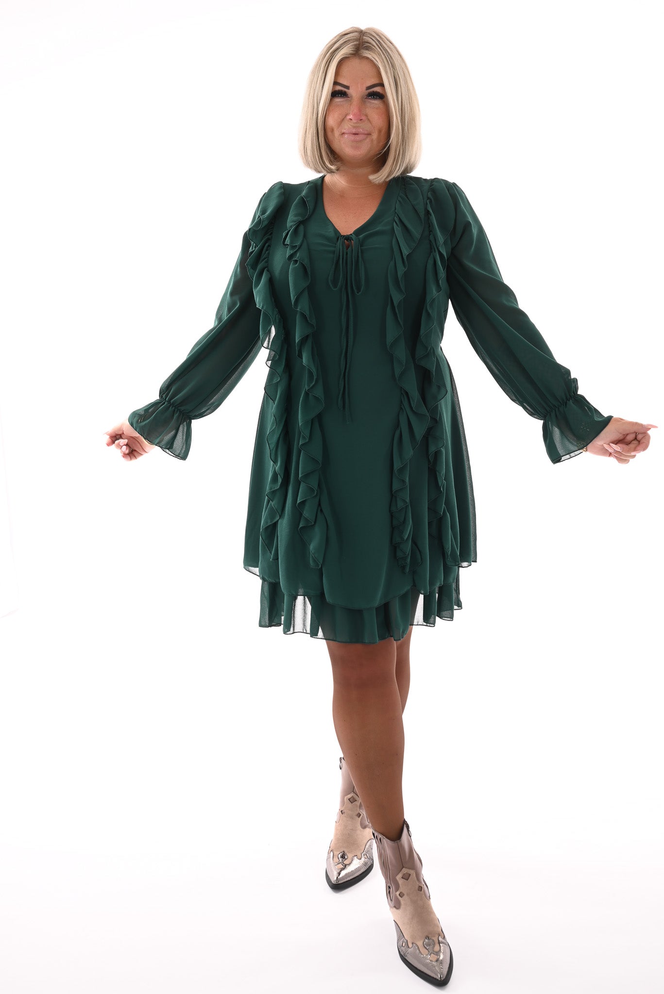 Kort jurkje ruffles flessengroen