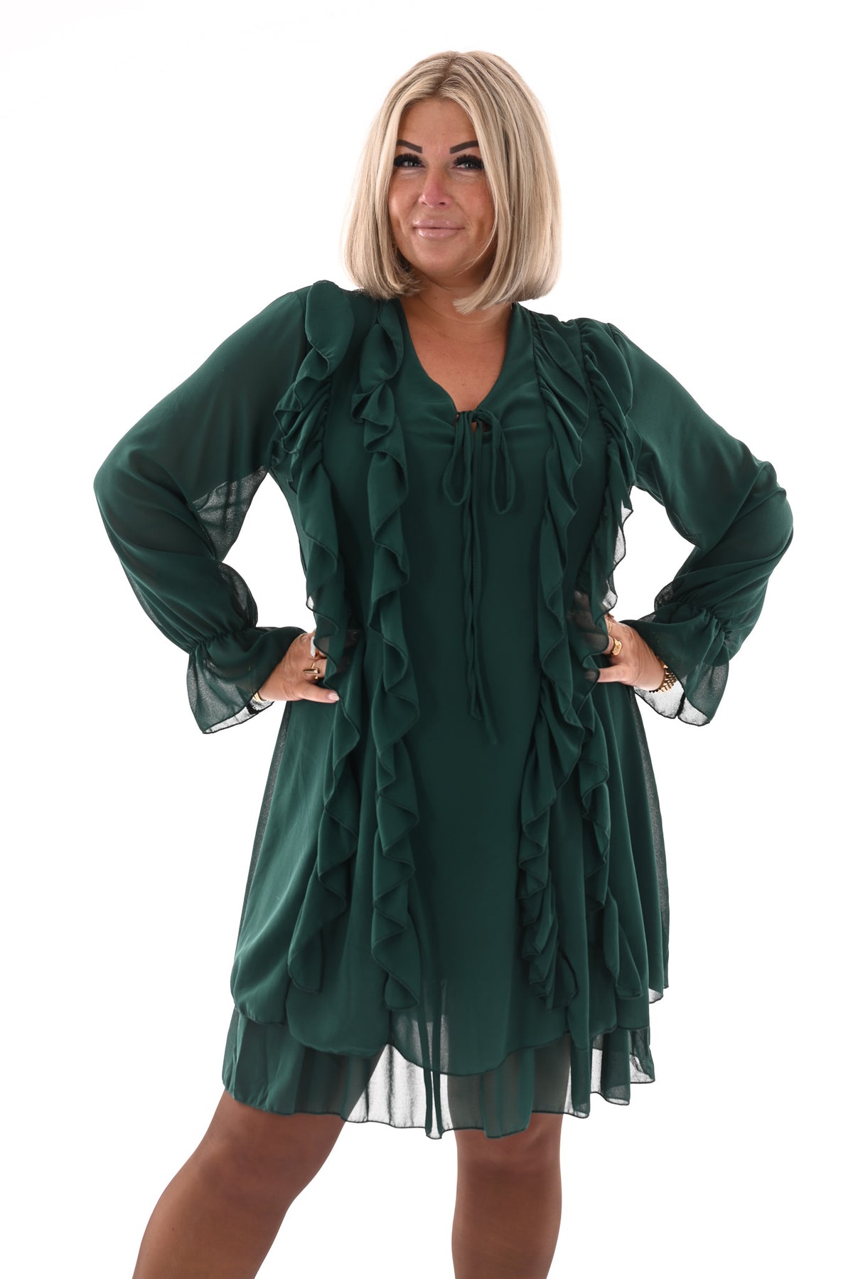 Kort jurkje ruffles flessengroen