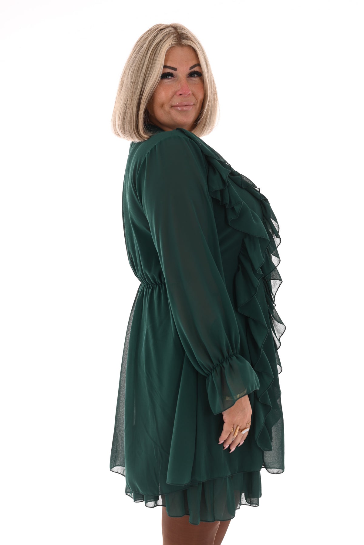 Kort jurkje ruffles flessengroen