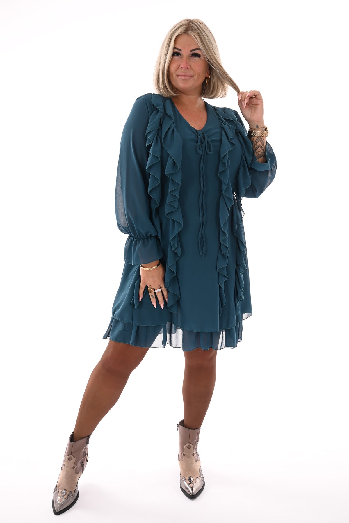 Kort jurkje ruffles petrol