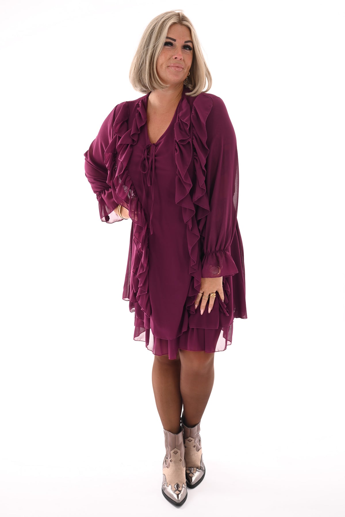 Kort jurkje ruffles aubergine
