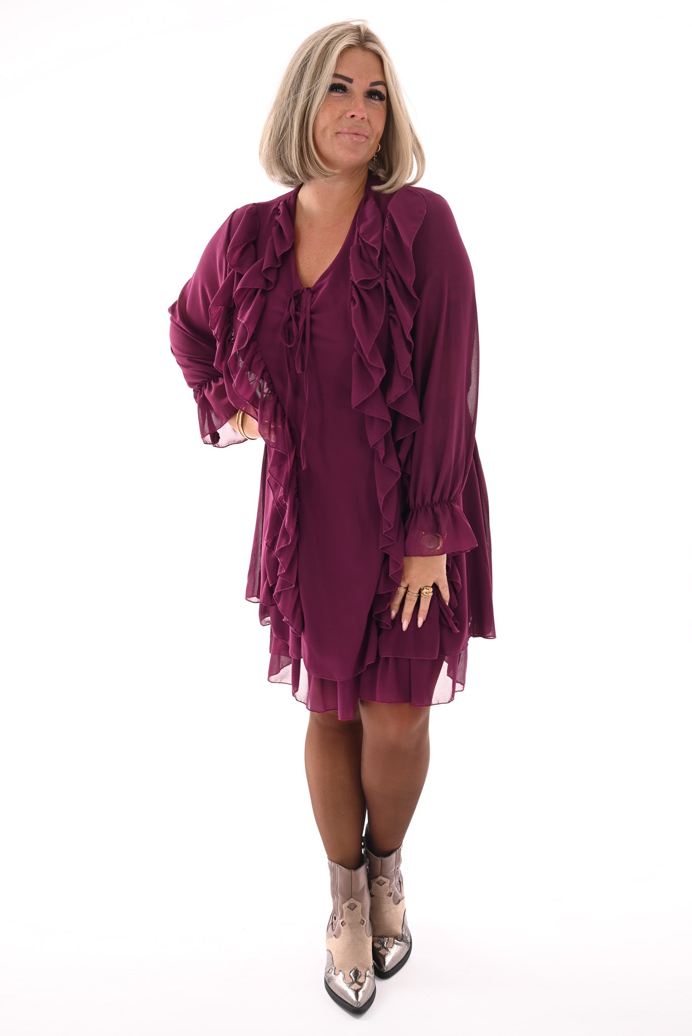 Kort jurkje ruffles aubergine