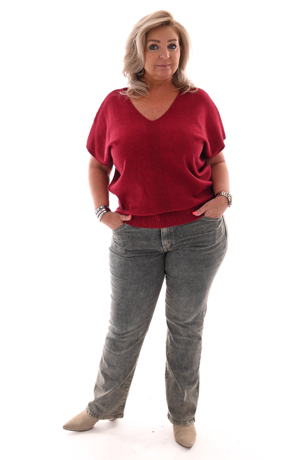 Gebreide v-hals top korte mouwen rood