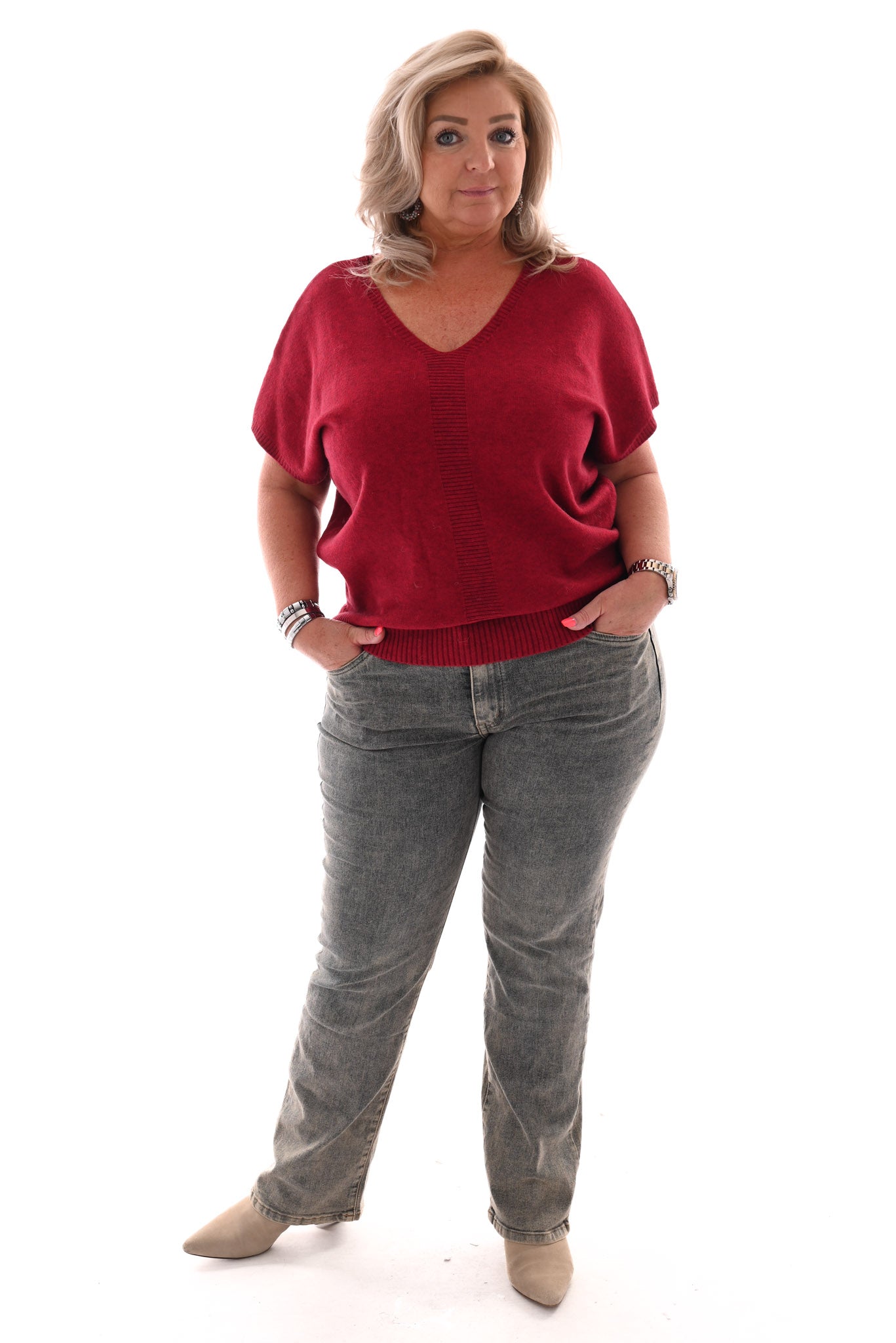 Gebreide v-hals top korte mouwen rood