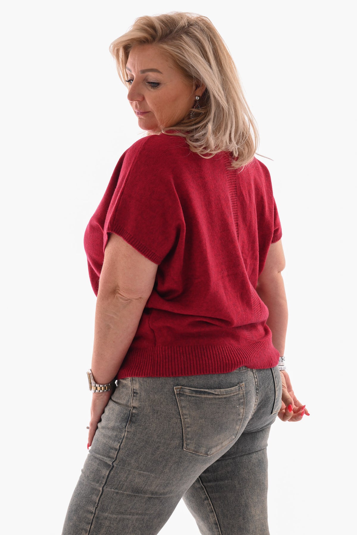 Gebreide v-hals top korte mouwen rood