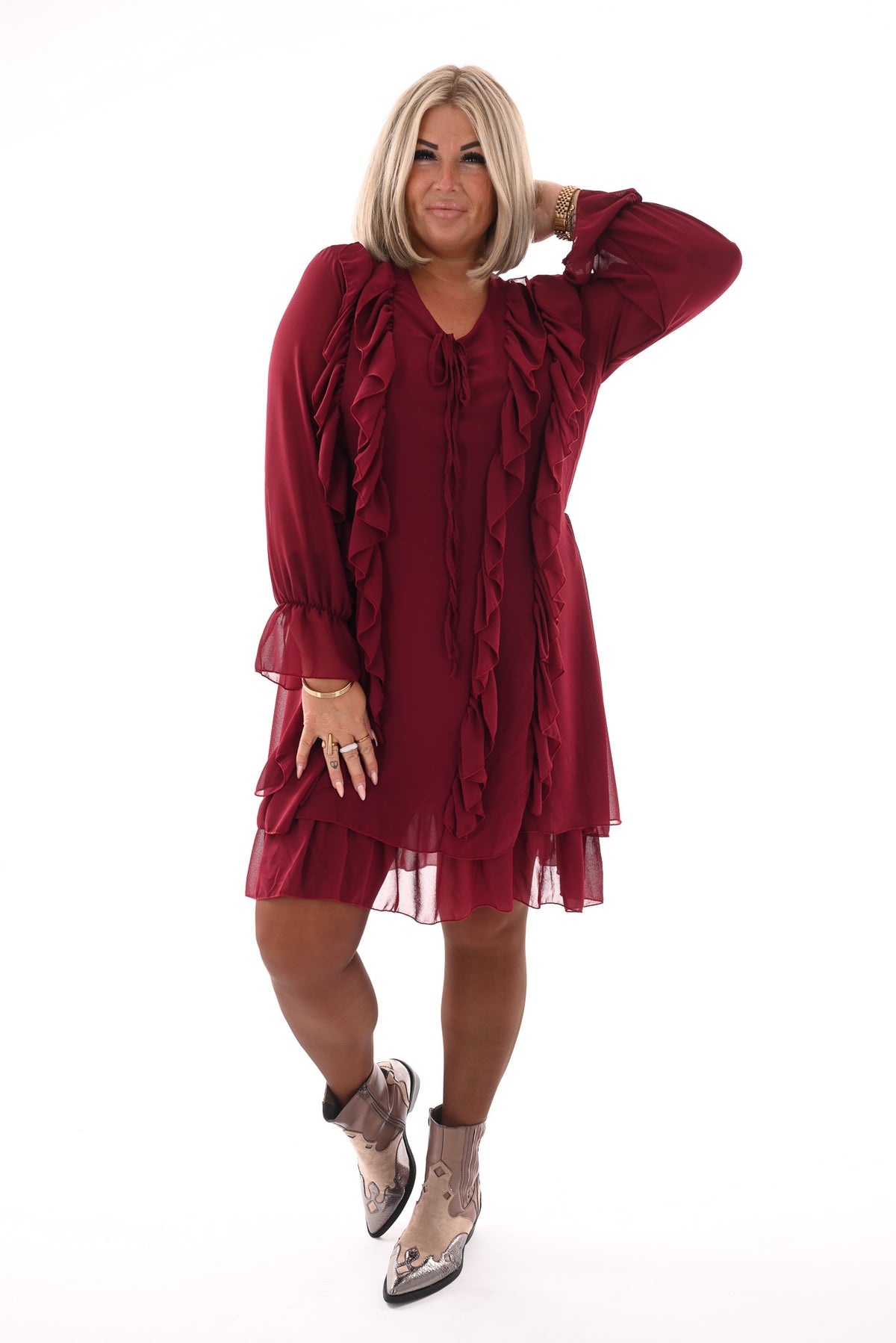 Kort jurkje ruffles bordeaux