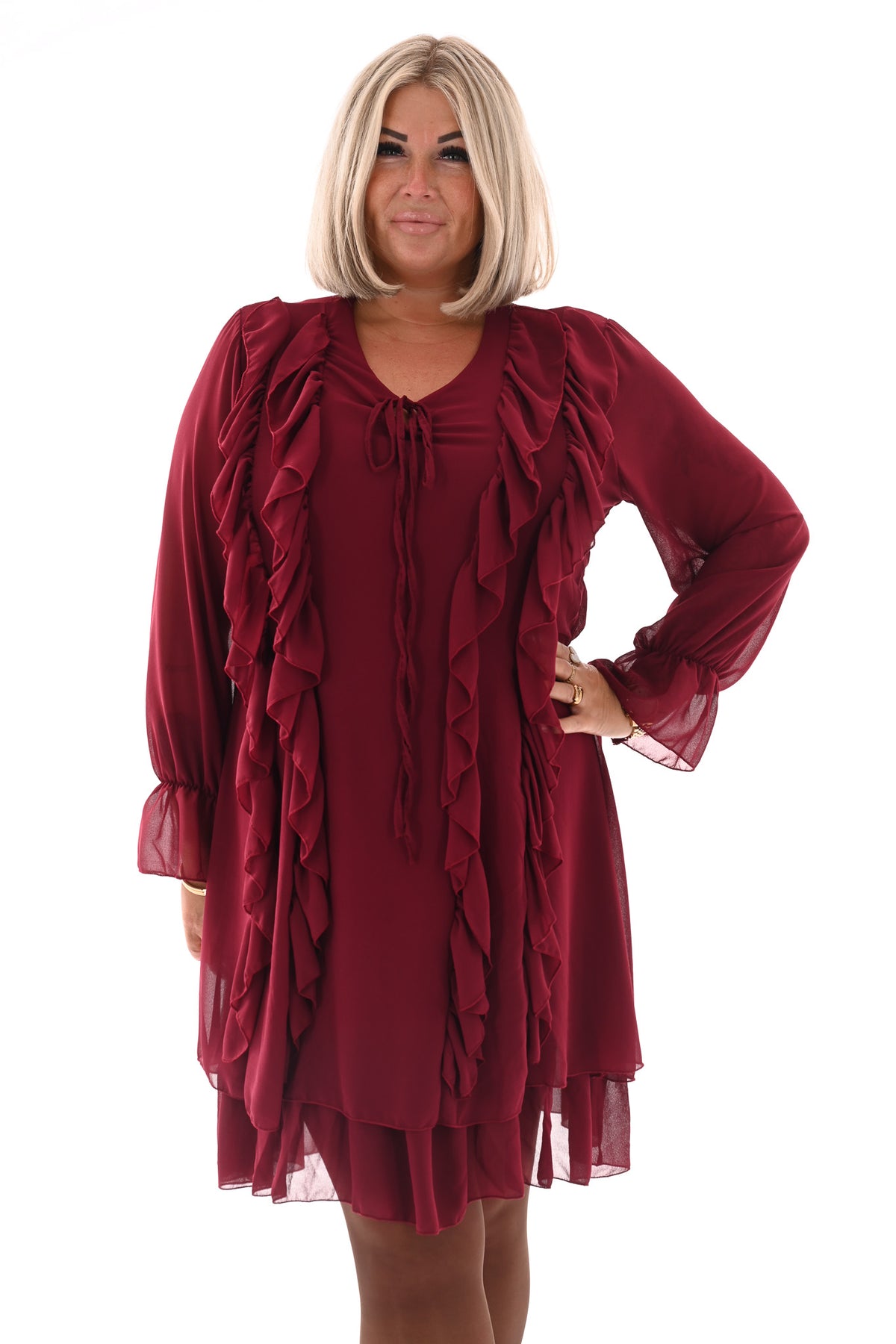 Kort jurkje ruffles bordeaux
