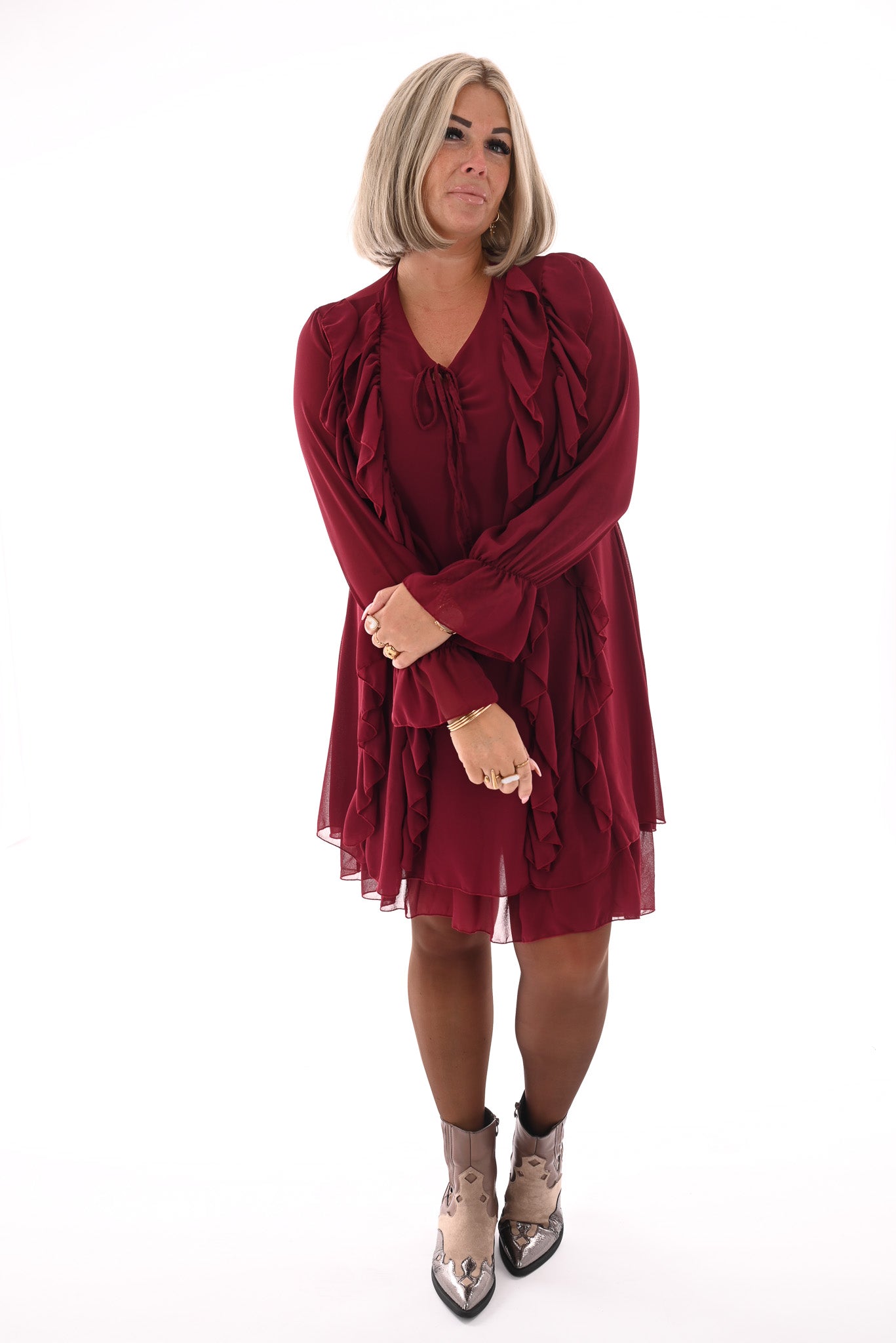Kort jurkje ruffles bordeaux