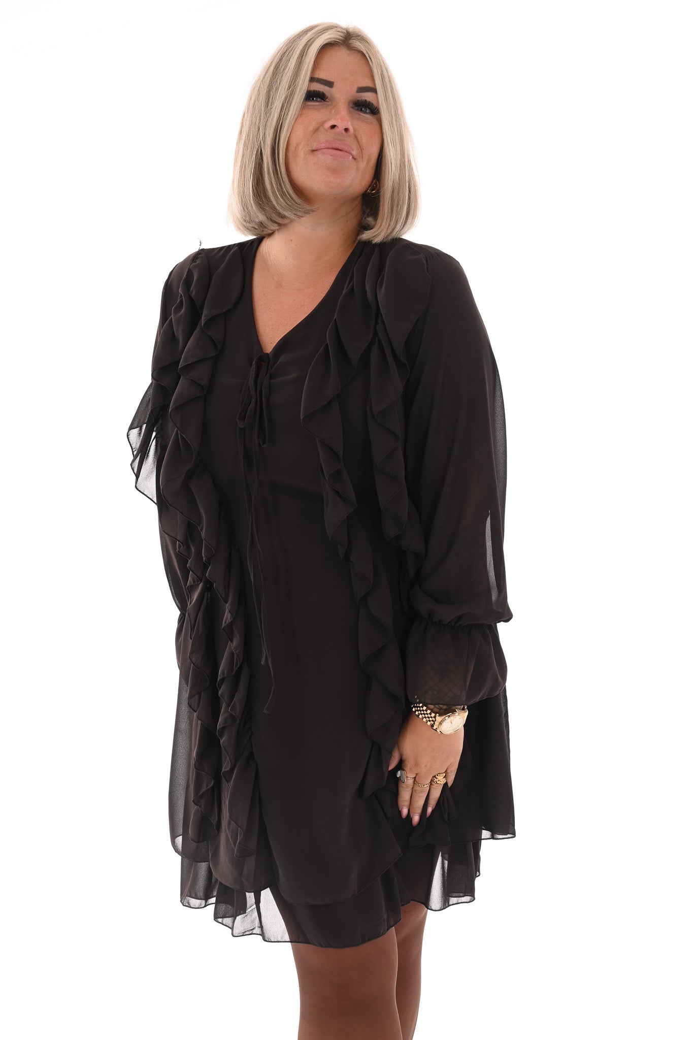 Kort jurkje ruffles donkerbruin