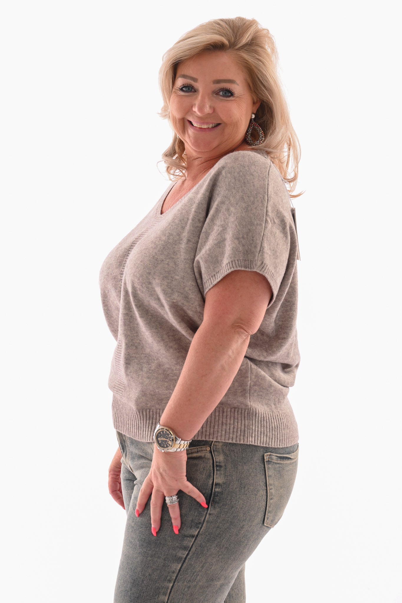 Gebreide v-hals top korte mouwen beige