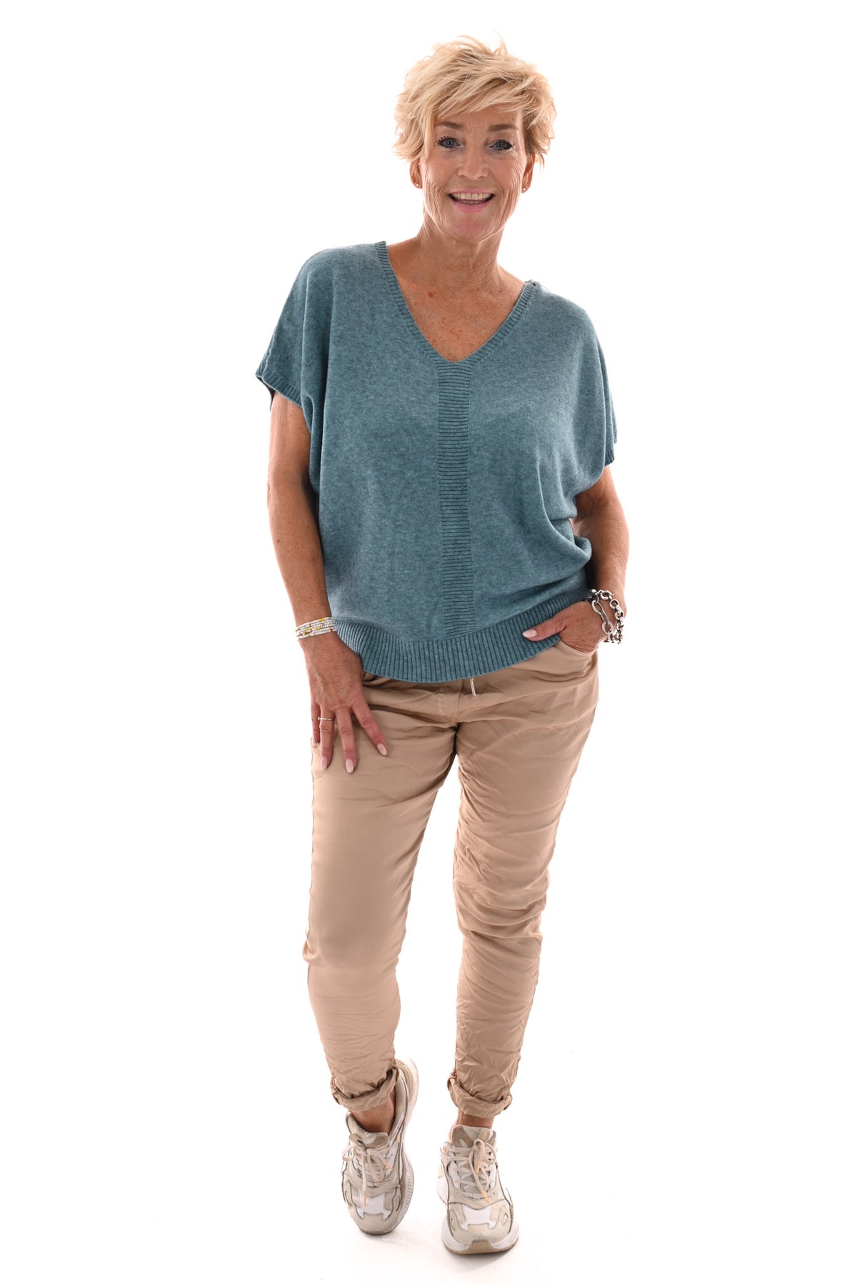 Gebreide v-hals top korte mouwen blauw