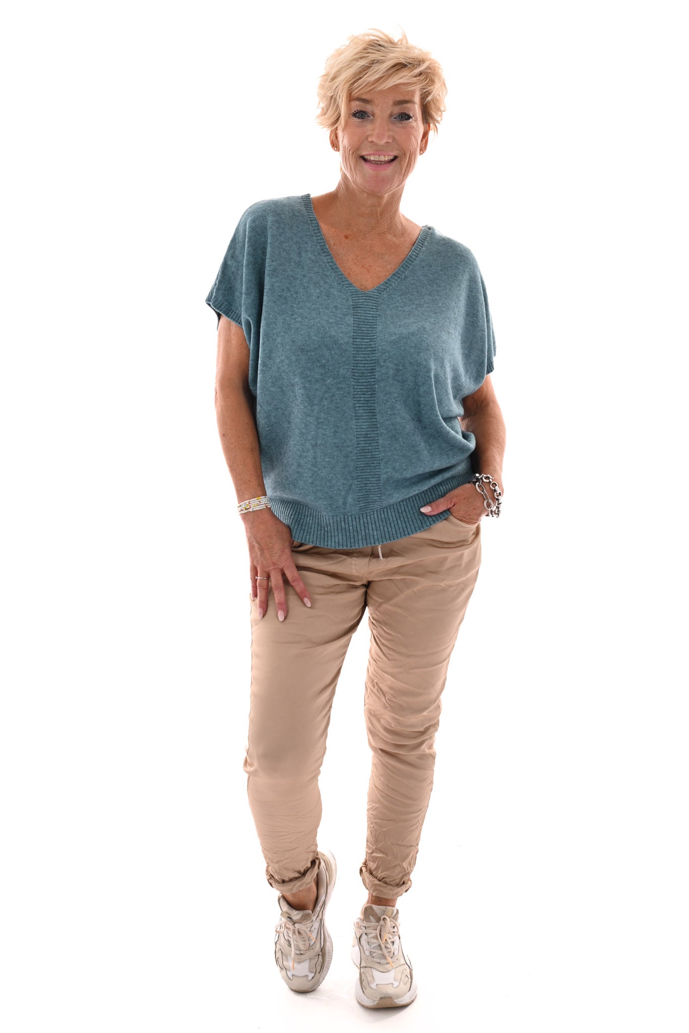 Gebreide v-hals top korte mouwen blauw