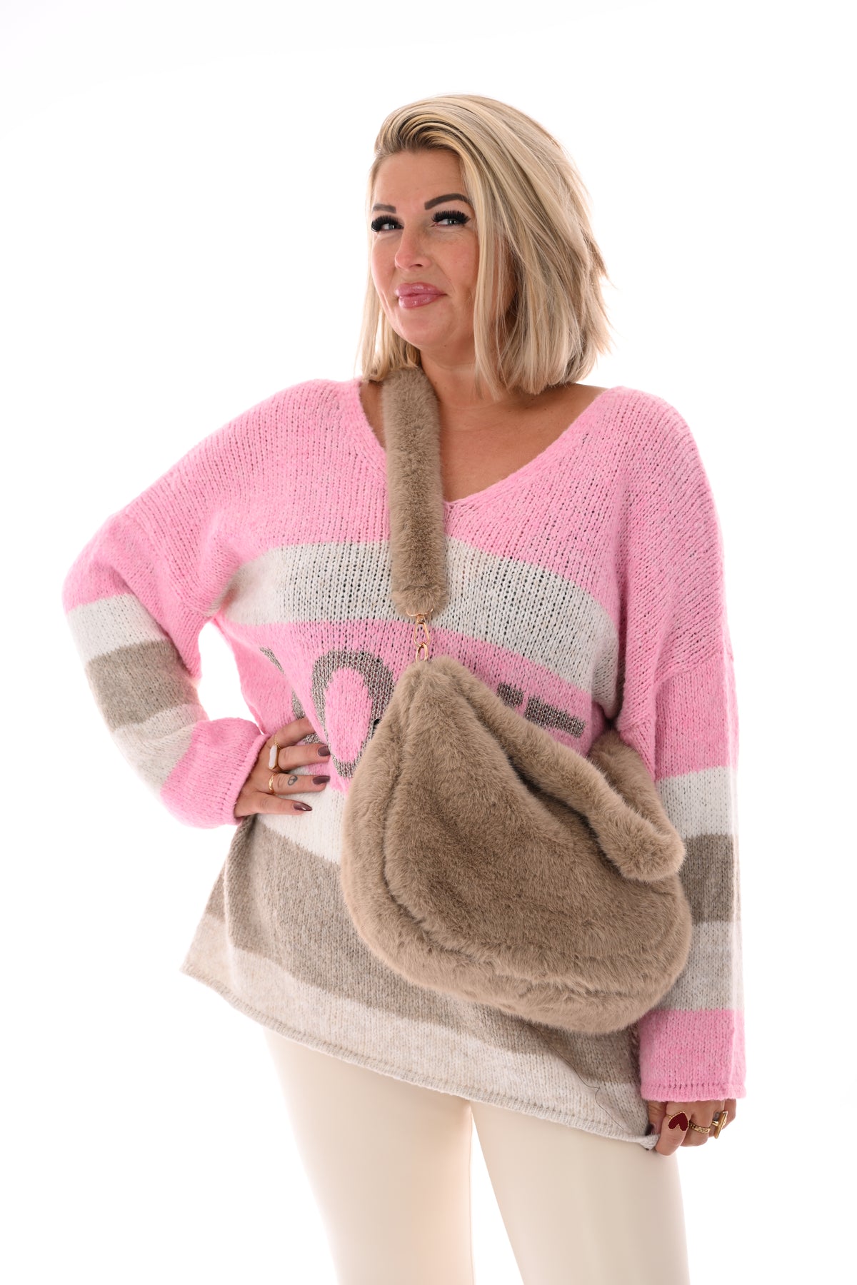 Faux fur crossbody tas beige