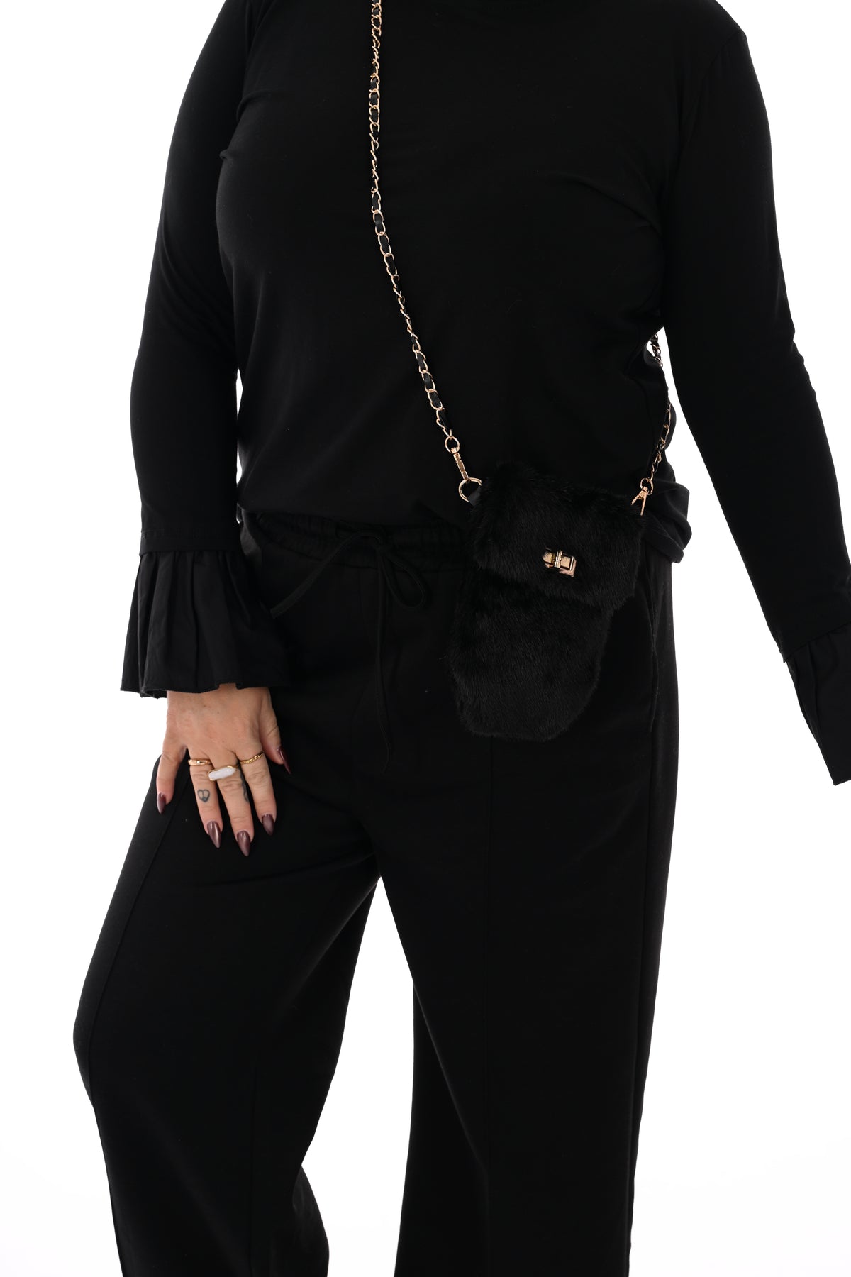 Crossbody faux fur telefoon tasje zwart