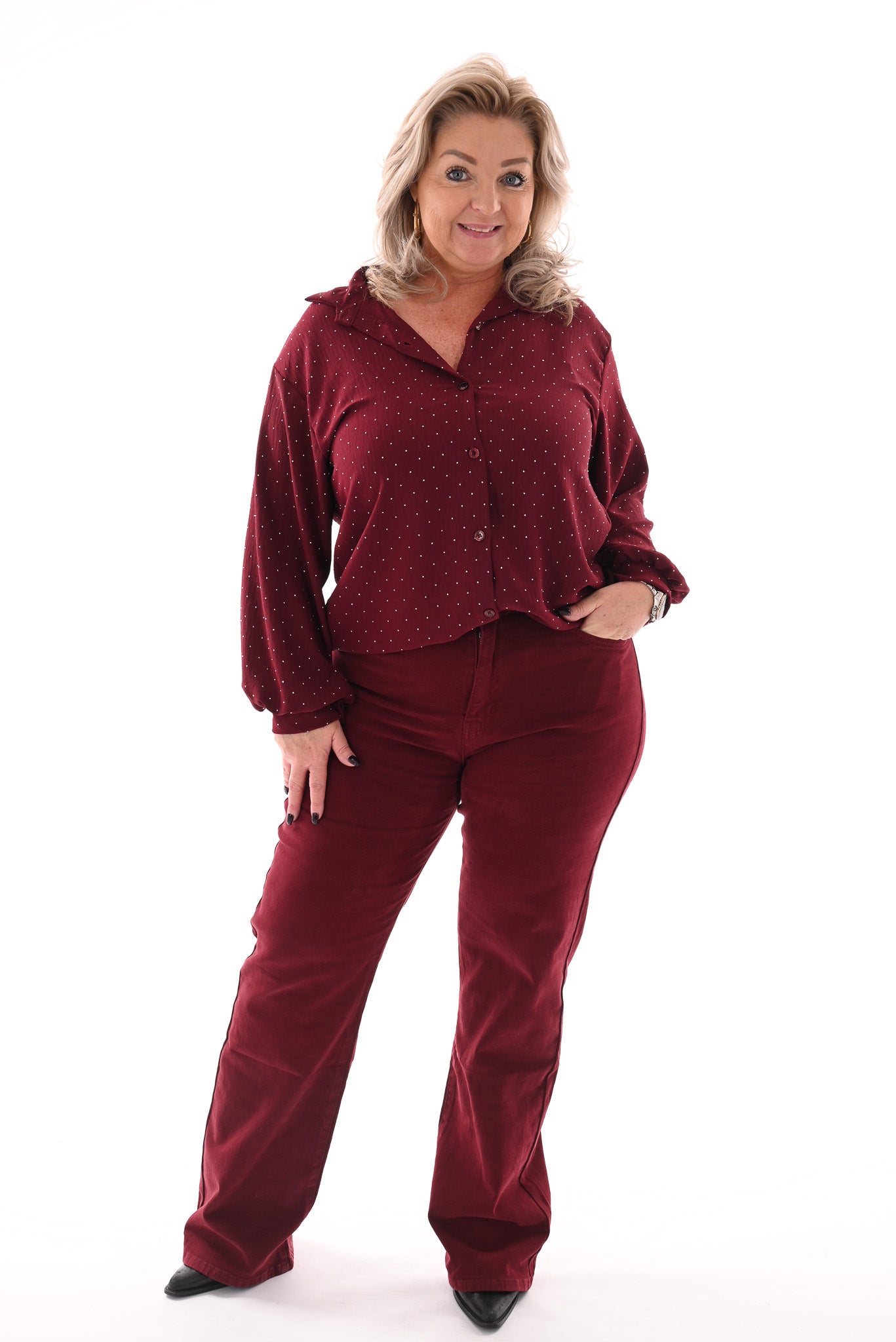 Doorknoop blouse strass bordeaux