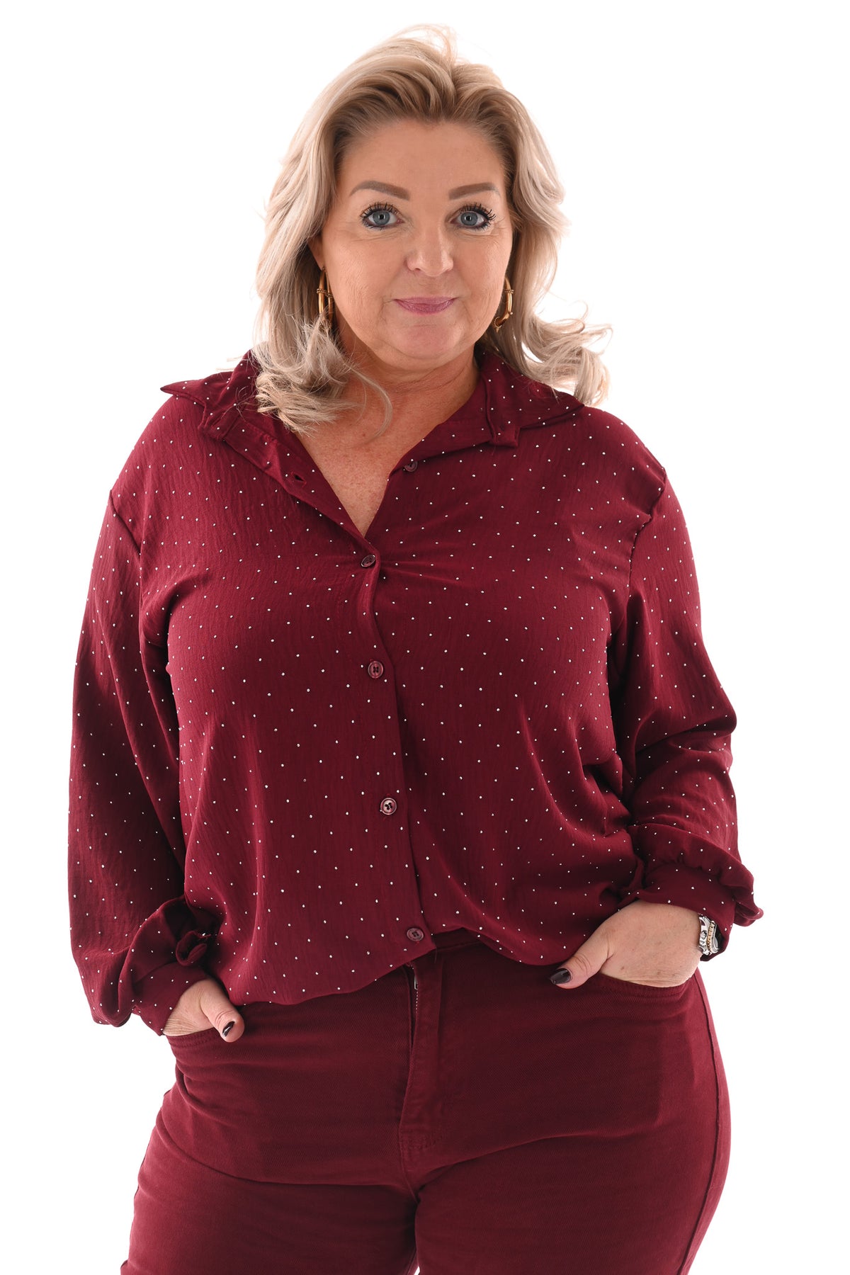 Doorknoop blouse strass bordeaux