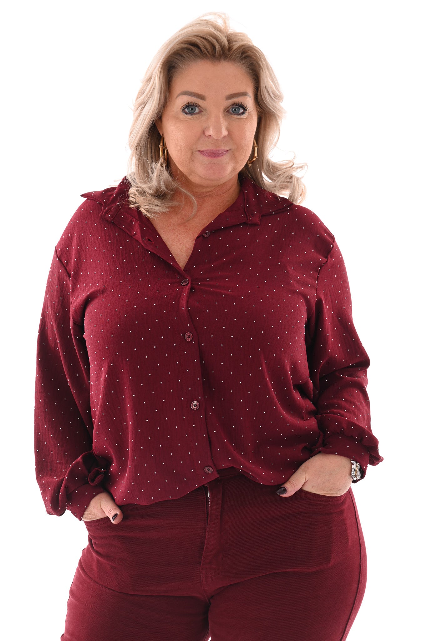 Doorknoop blouse strass bordeaux