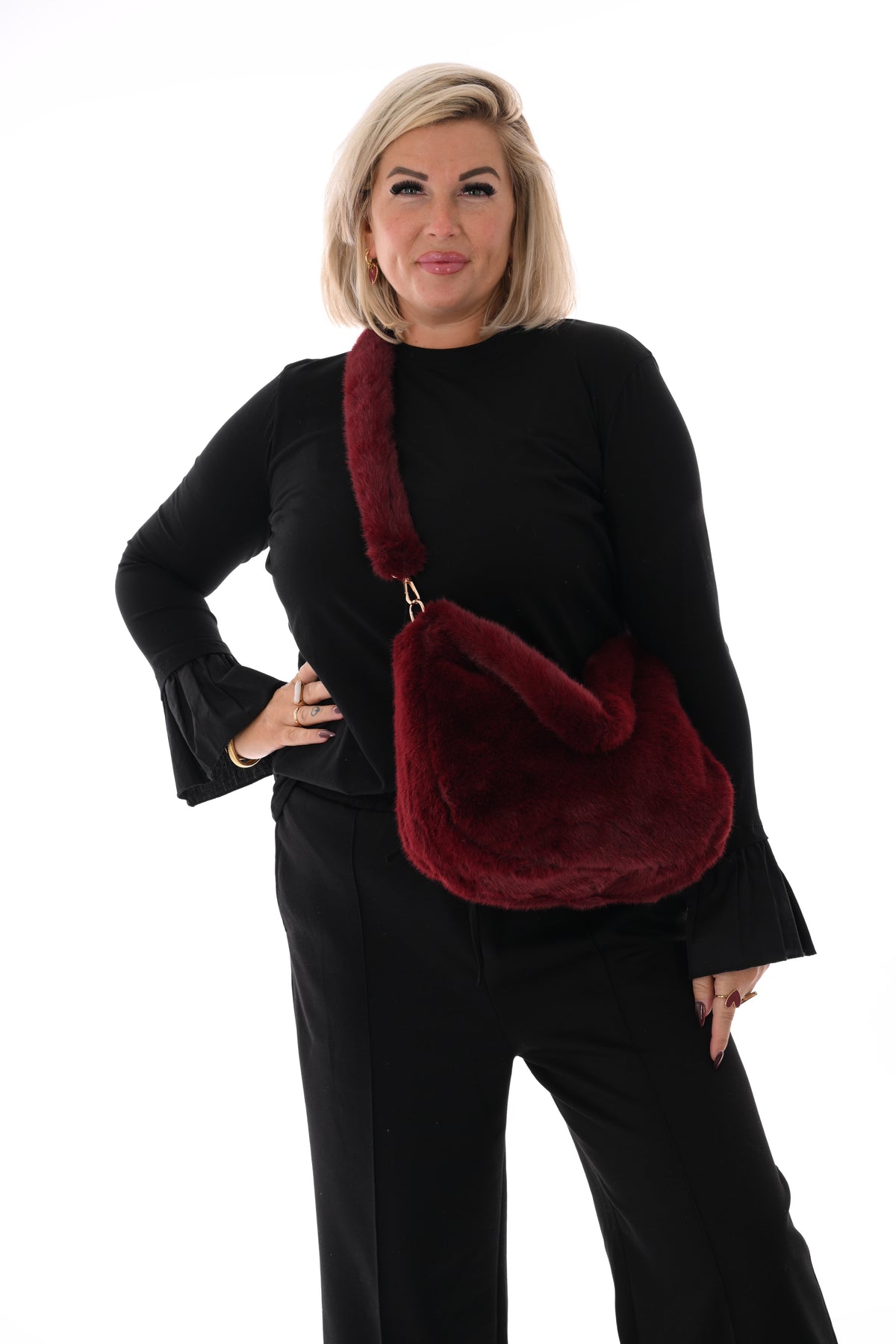 Faux fur crossbody tas bordeaux