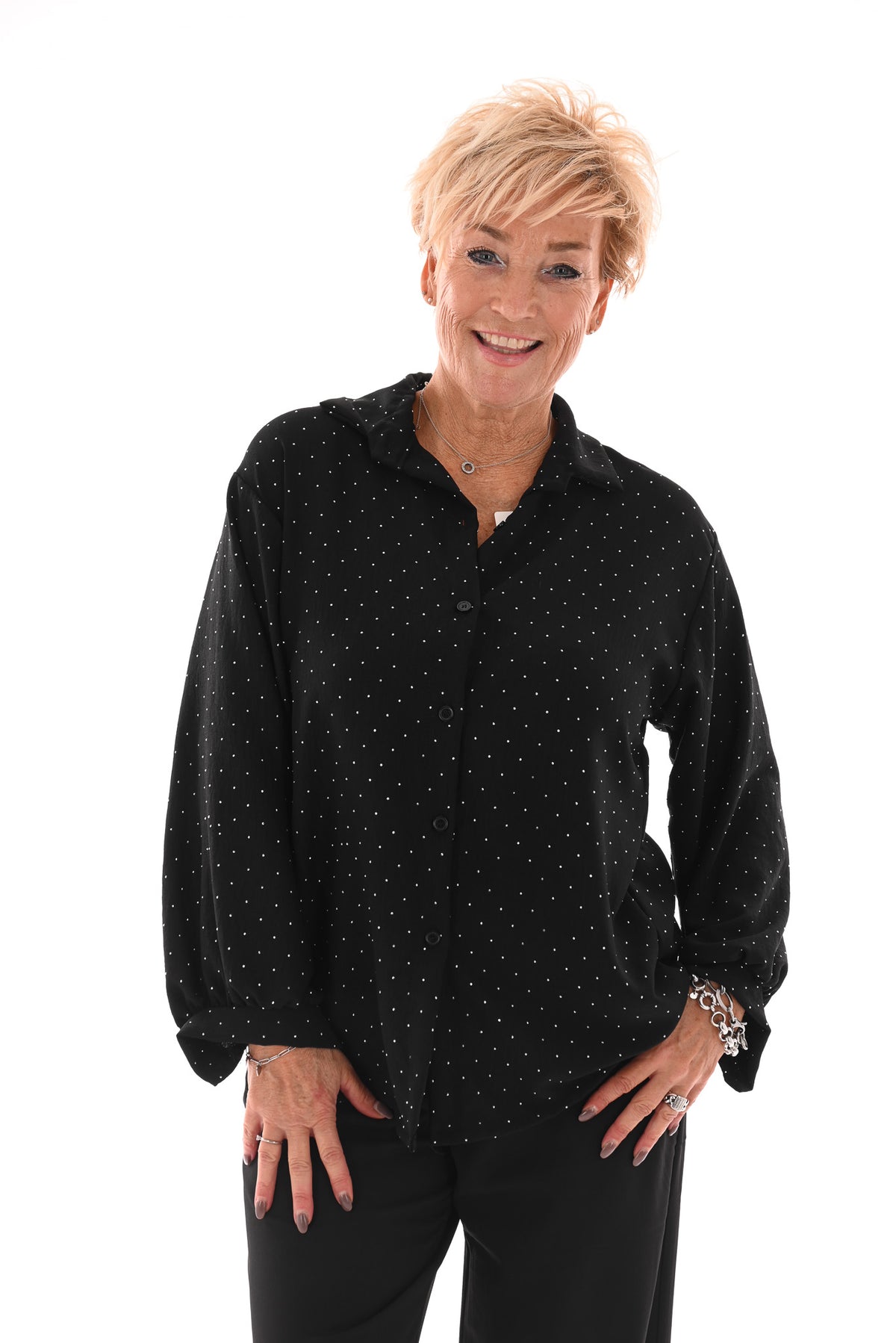 Doorknoop blouse strass zwart