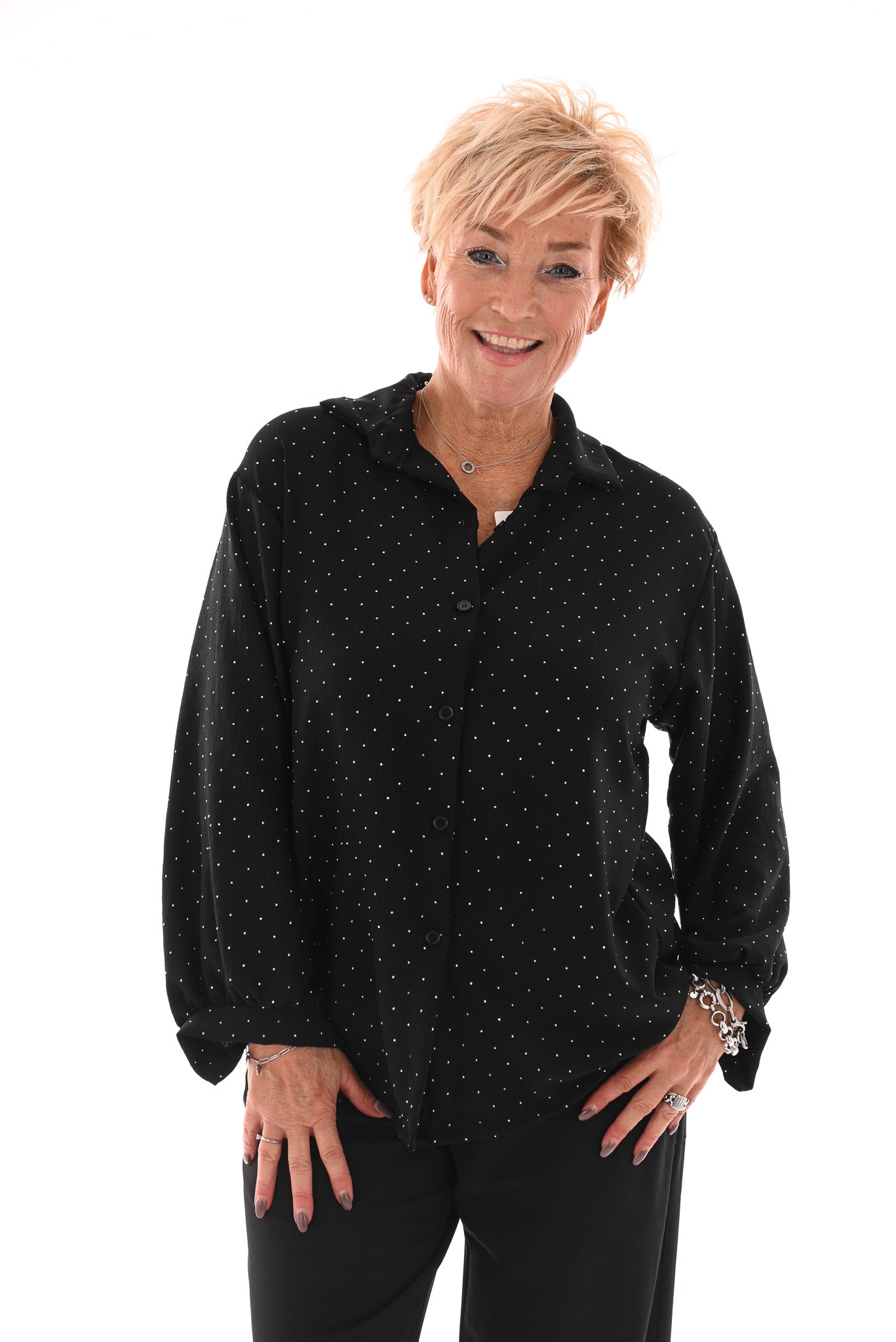 Doorknoop blouse strass zwart