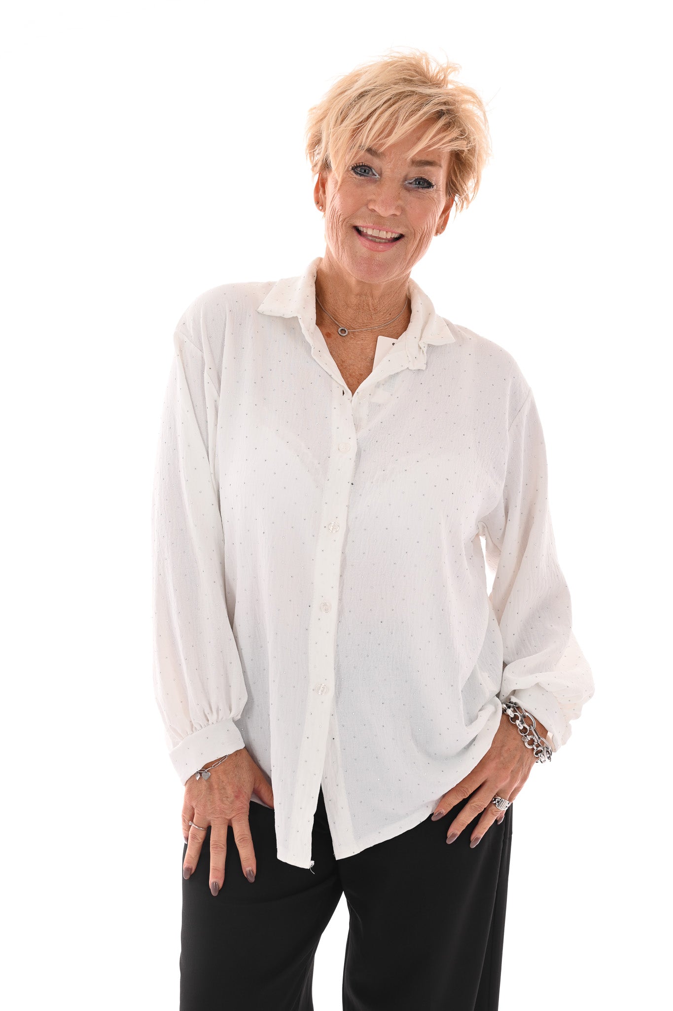 Doorknoop blouse strass wit