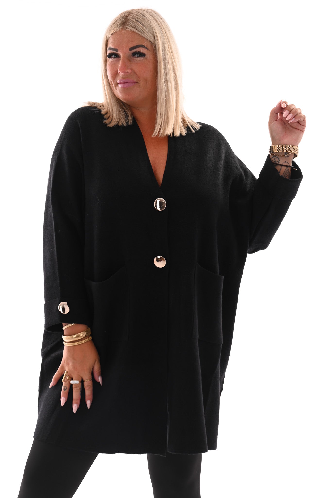 Oversized vest v-hals en grote knopen zwart