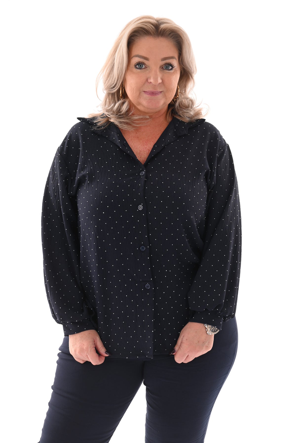 Doorknoop blouse strass marineblauw