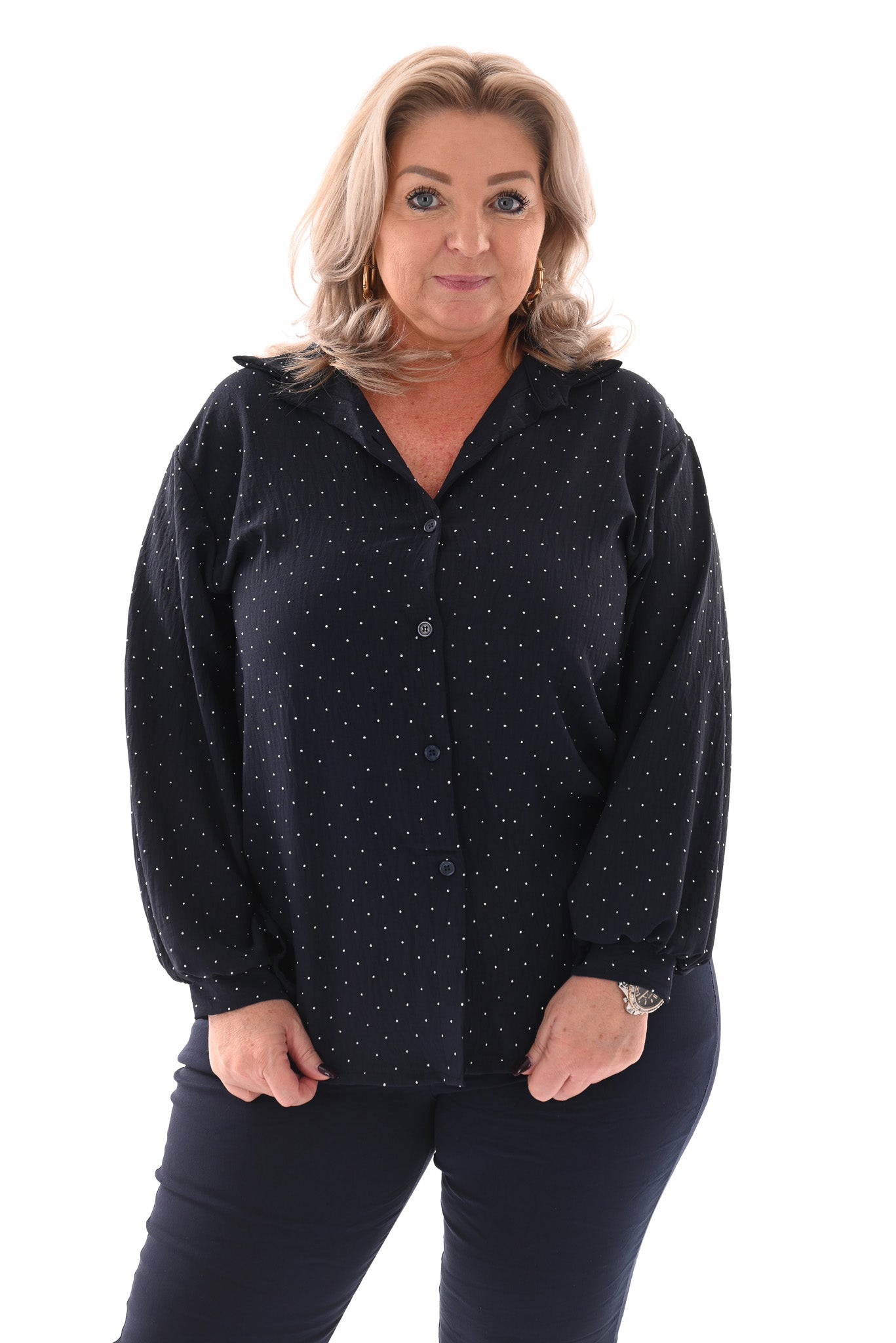 Doorknoop blouse strass marineblauw