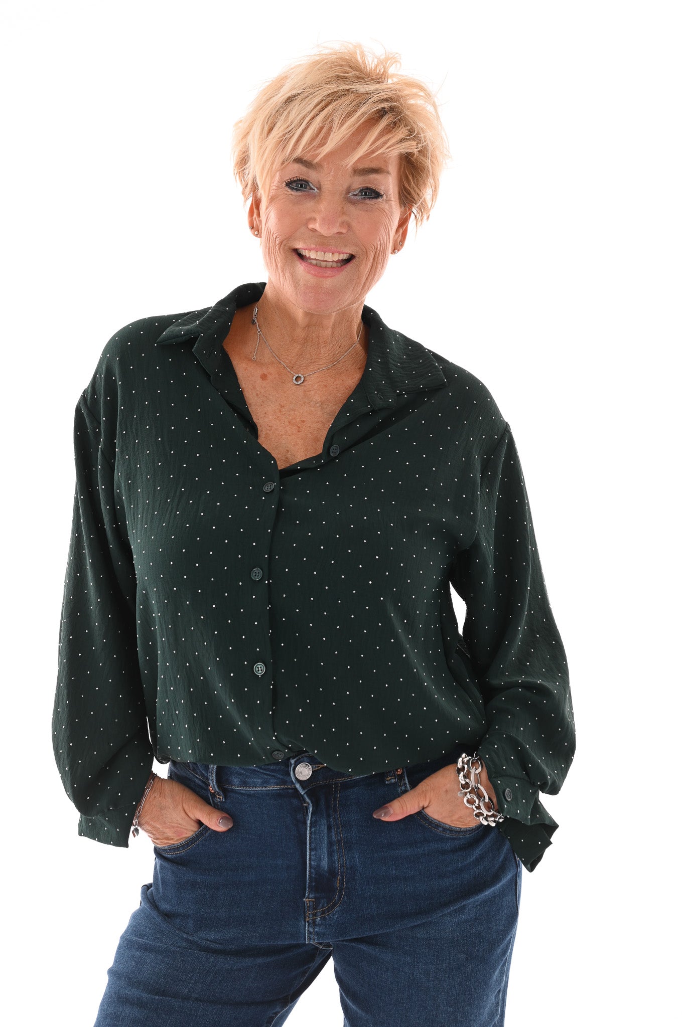 Doorknoop blouse strass flessengroen