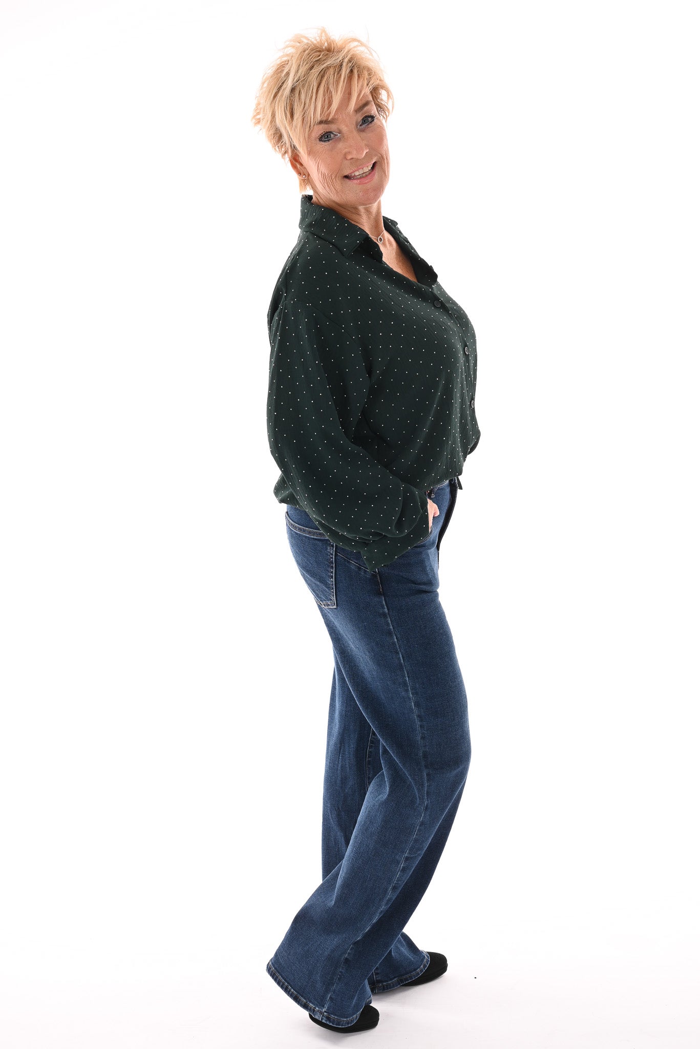 Doorknoop blouse strass flessengroen