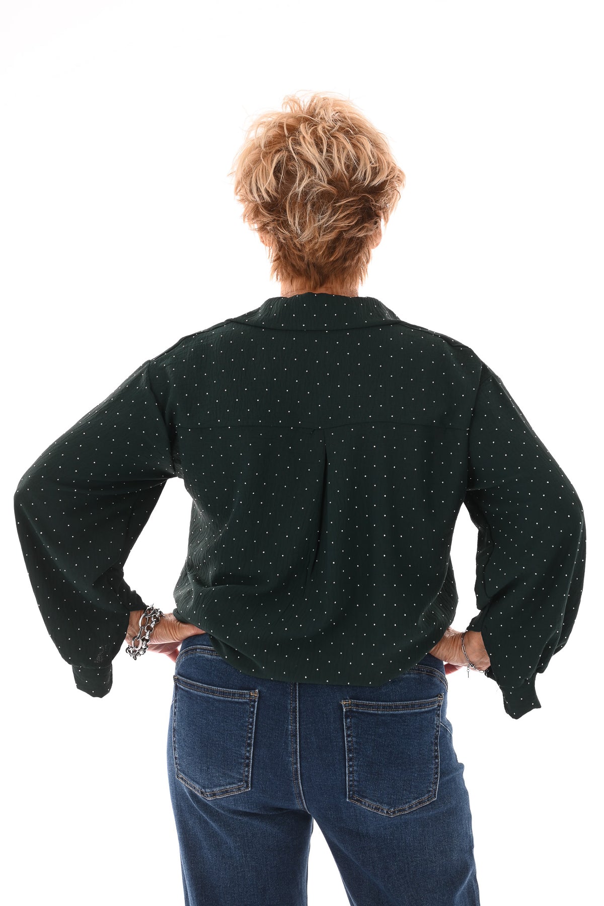 Doorknoop blouse strass flessengroen