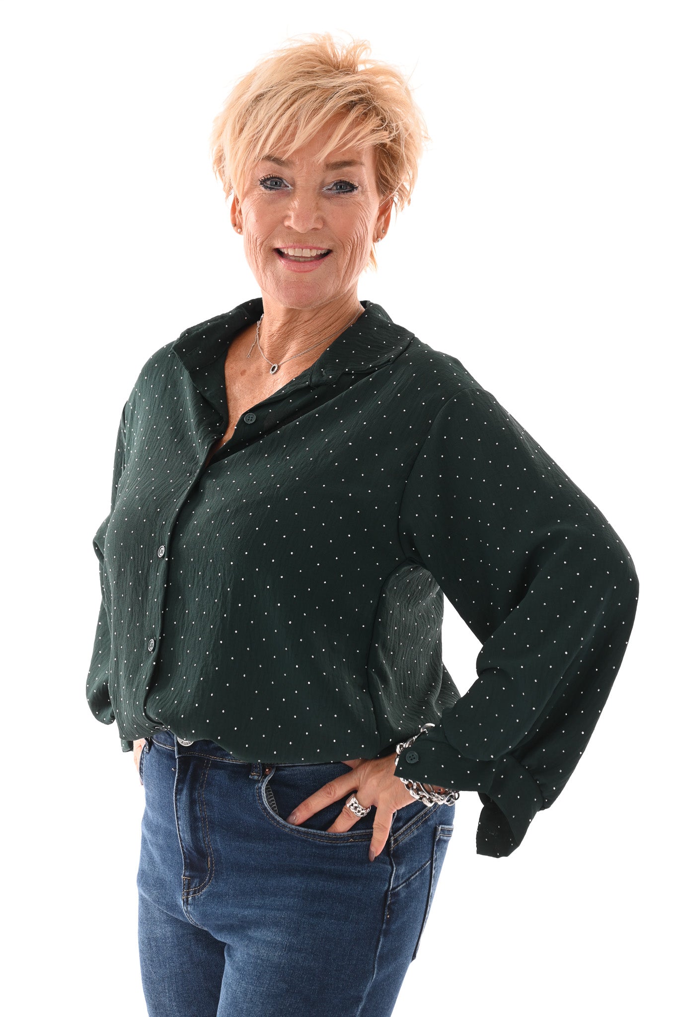 Doorknoop blouse strass flessengroen