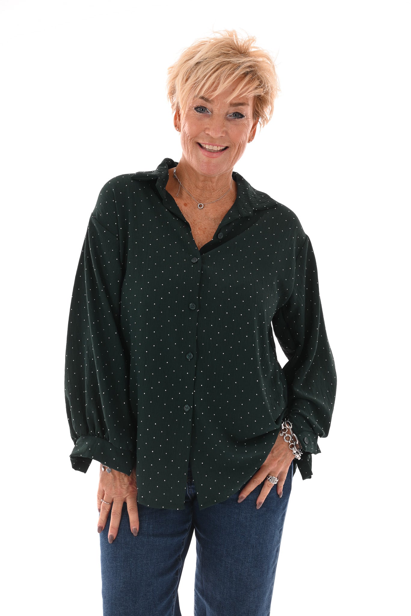 Doorknoop blouse strass flessengroen