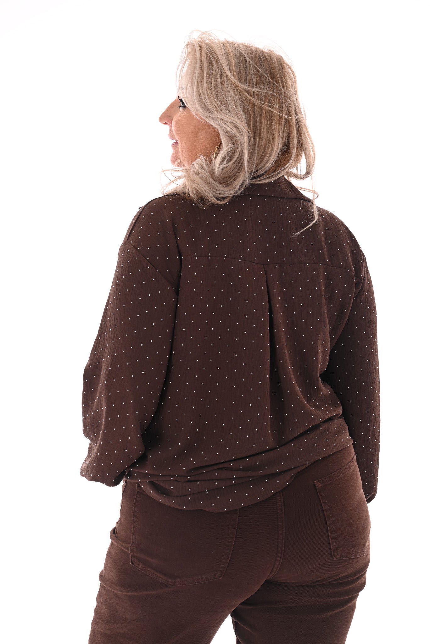 Doorknoop blouse strass donkerbruin