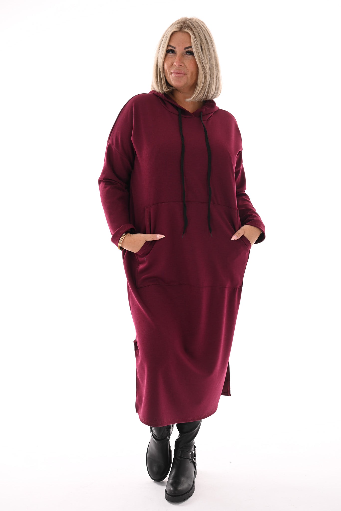 Lange sweaterdress met capuchon bordeaux