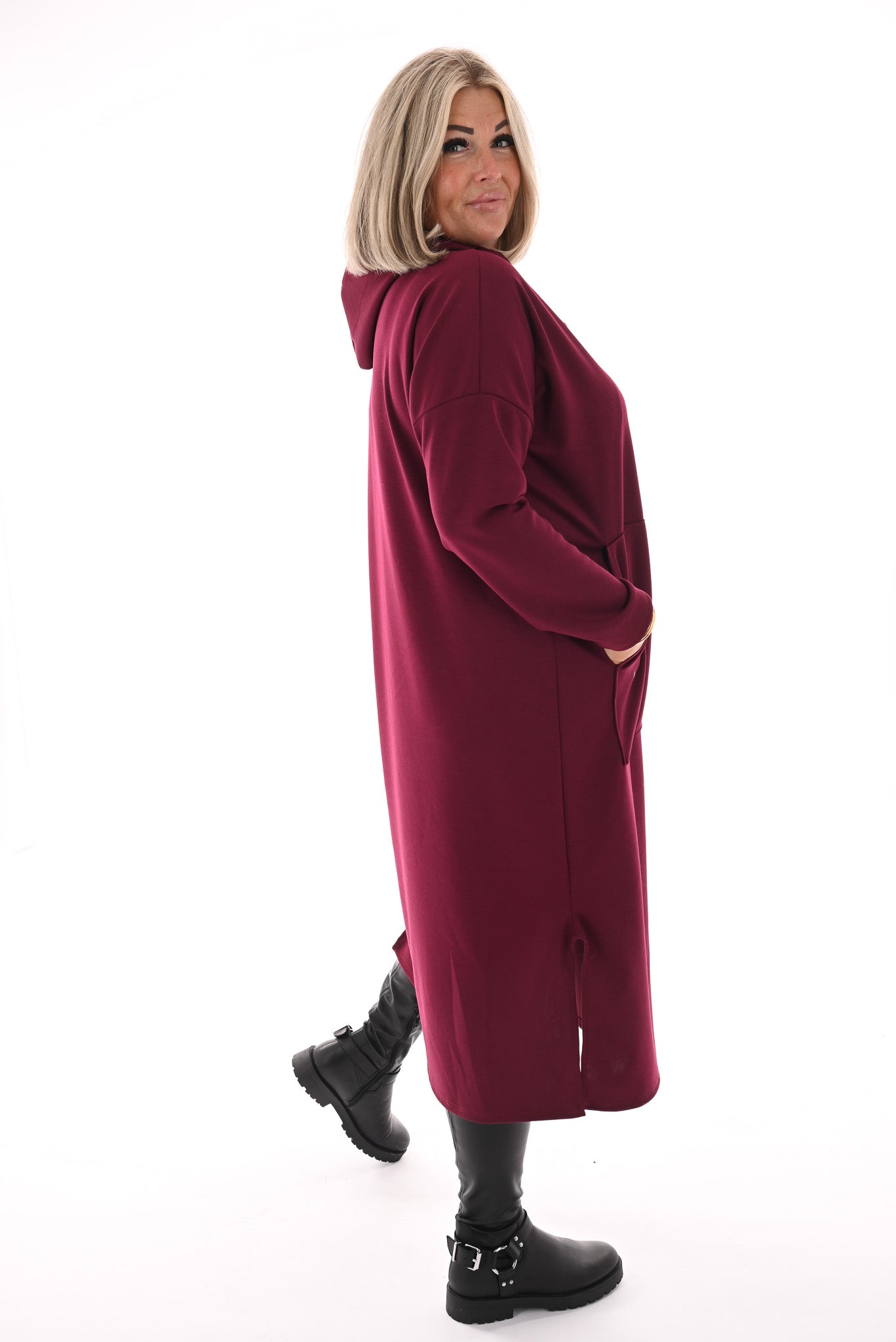 Lange sweaterdress met capuchon bordeaux