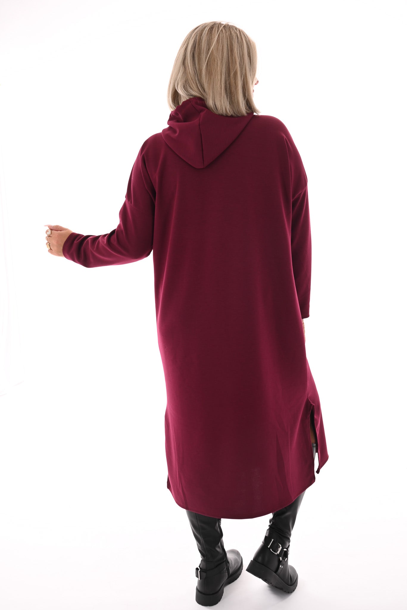 Lange sweaterdress met capuchon bordeaux