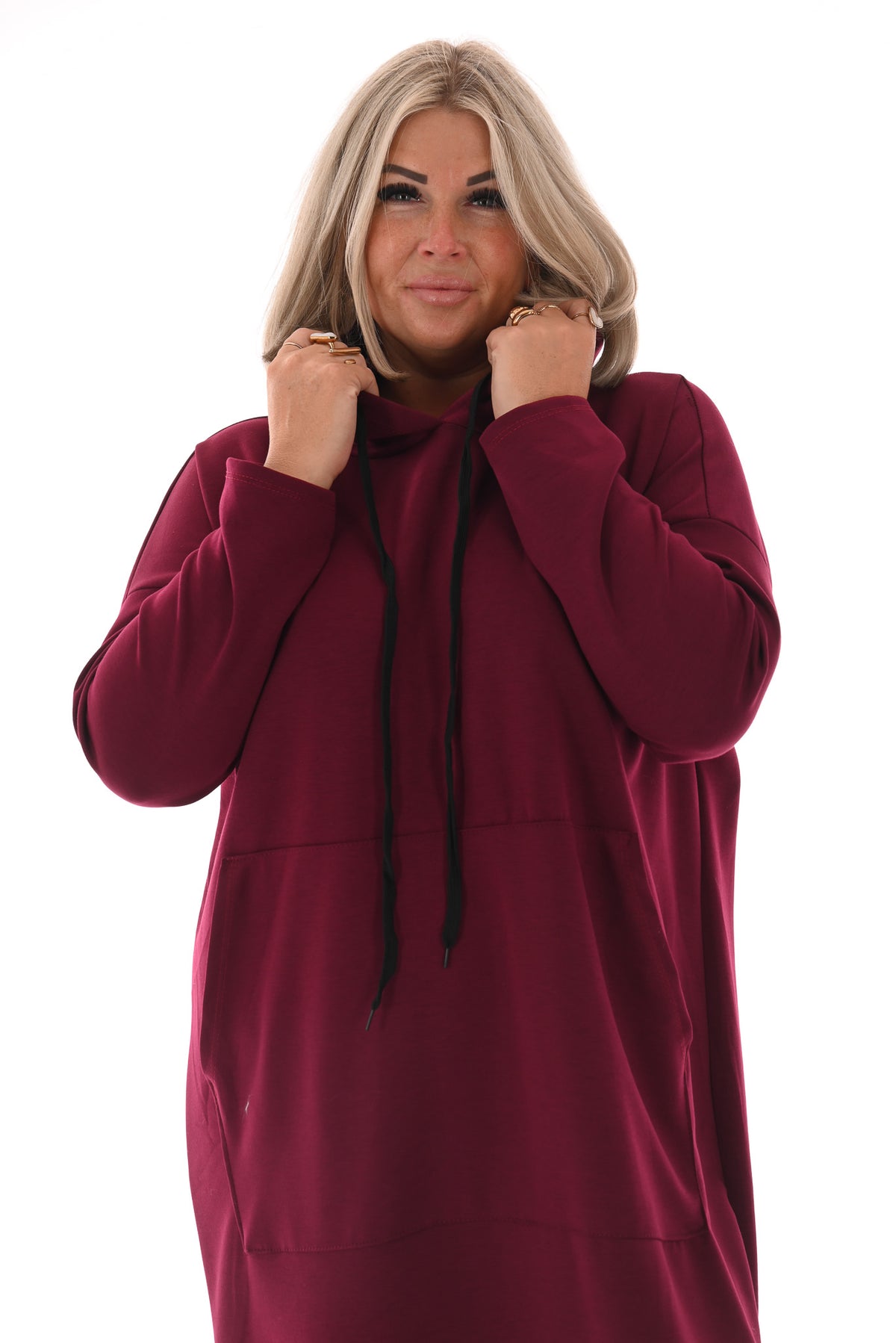 Lange sweaterdress met capuchon bordeaux