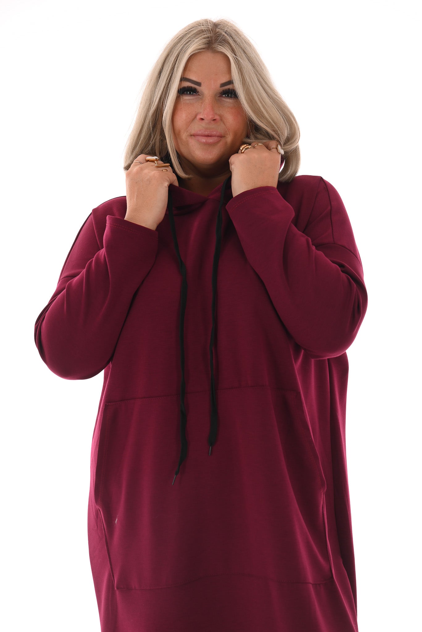 Lange sweaterdress met capuchon bordeaux