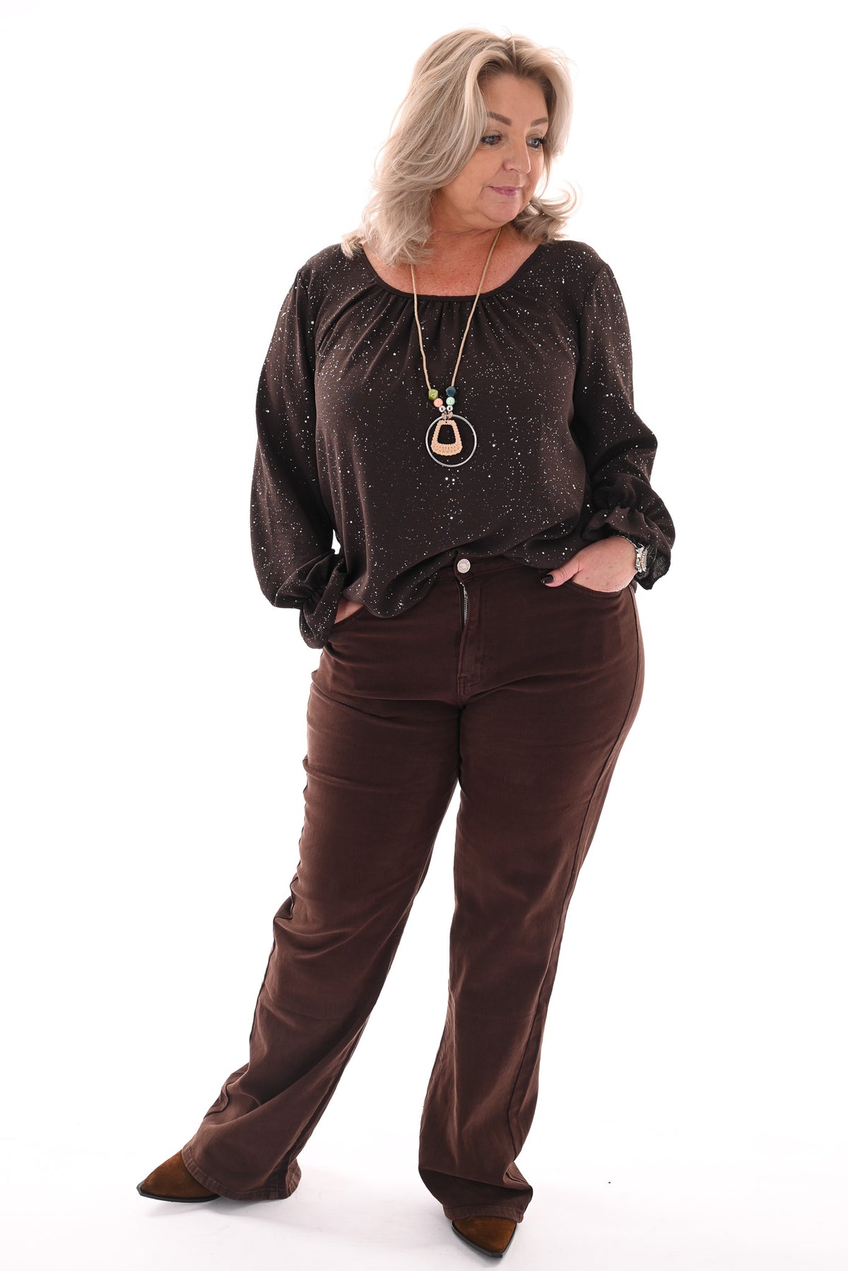 Ballon top glitter trompetmouwen met ketting donkerbruin