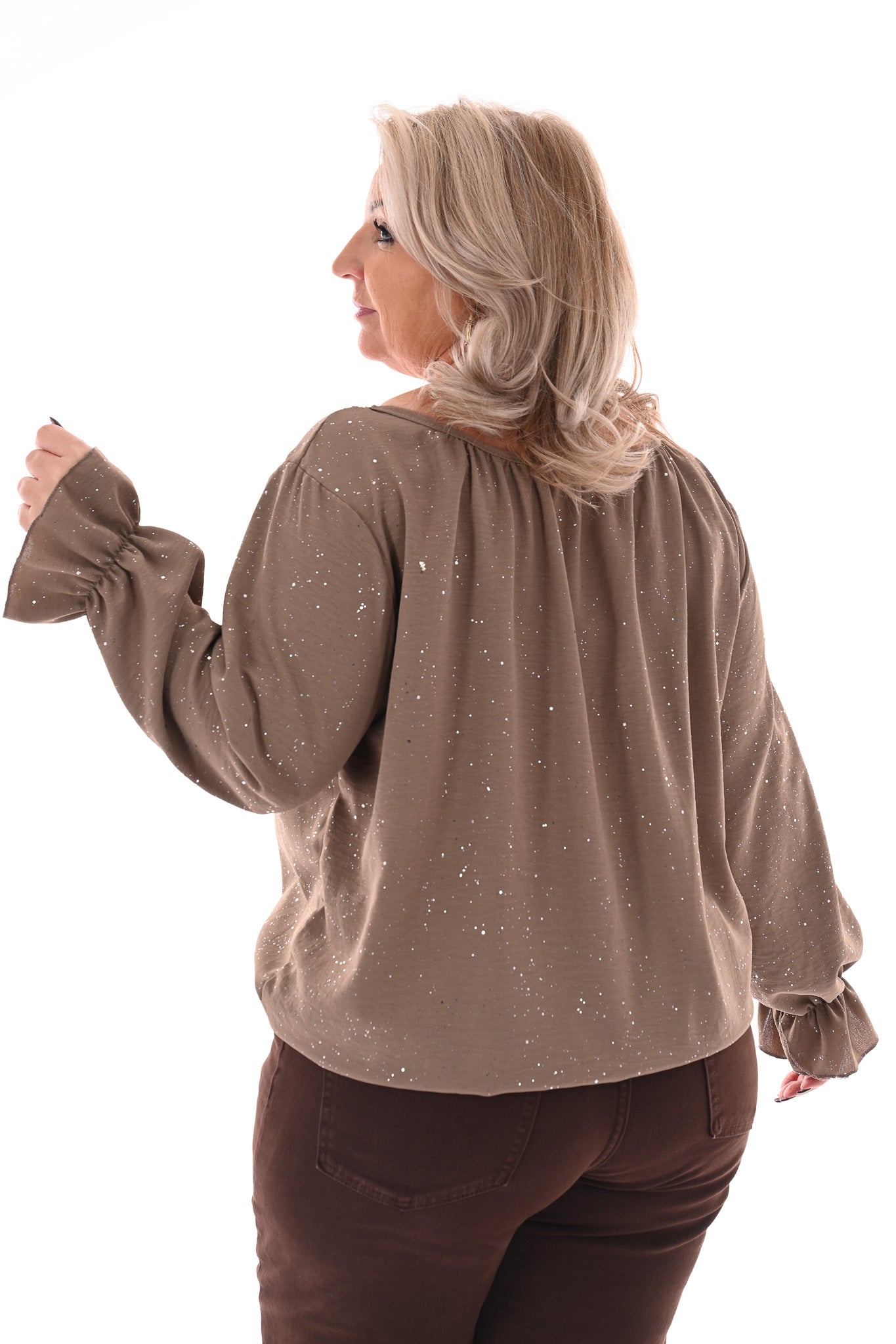 Ballon top glitter trompetmouwen met ketting taupe