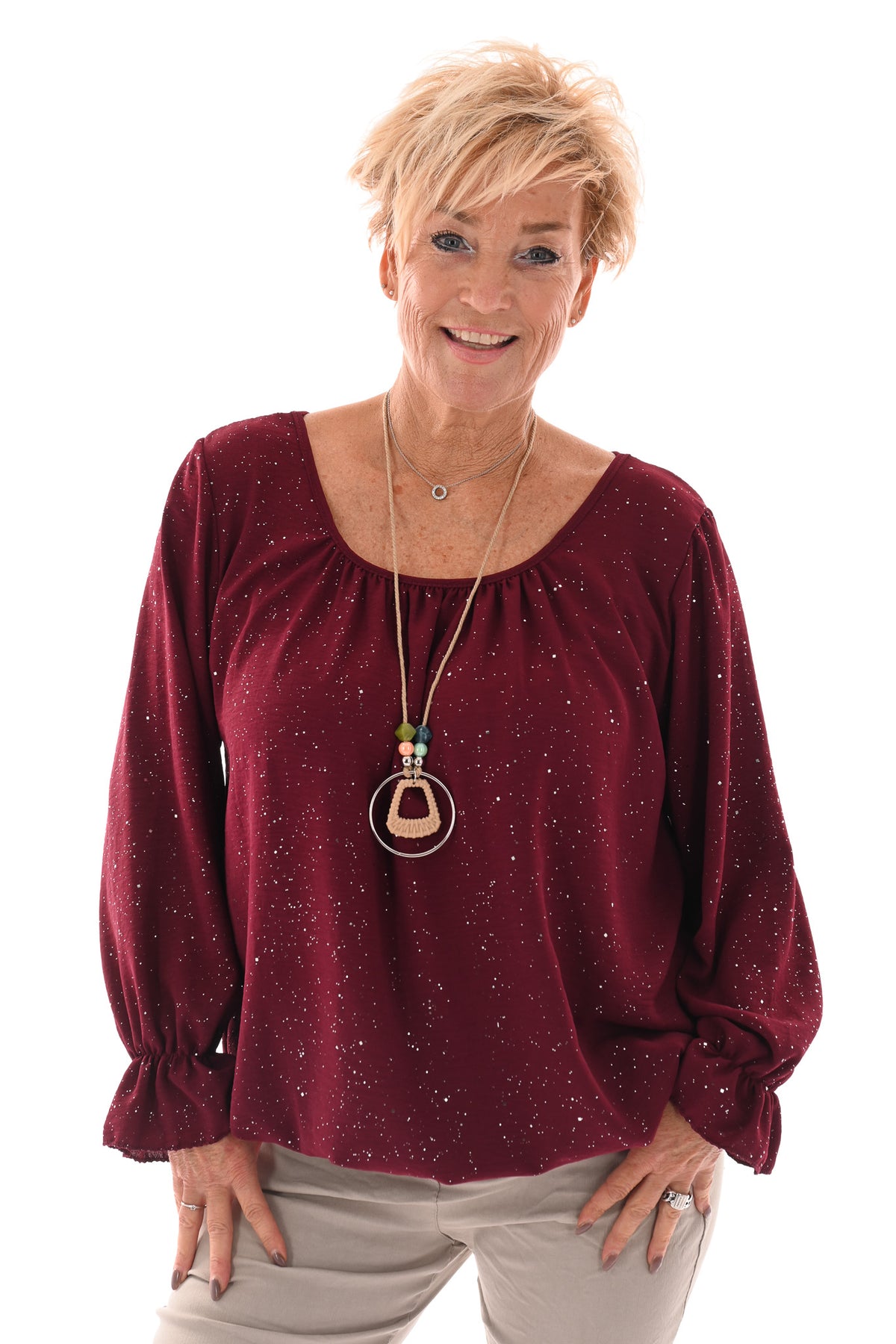 Ballon top glitter trompetmouwen met ketting bordeaux