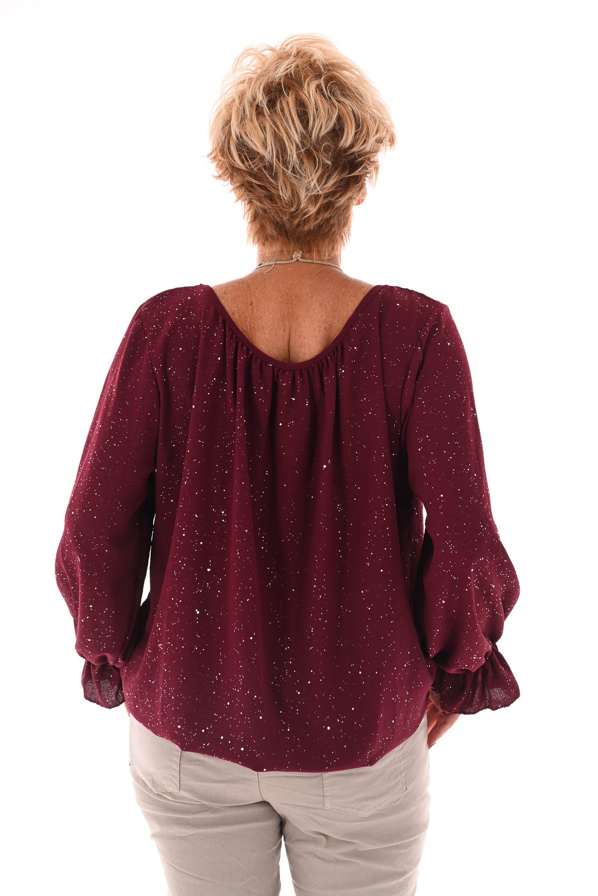 Ballon top glitter trompetmouwen met ketting bordeaux