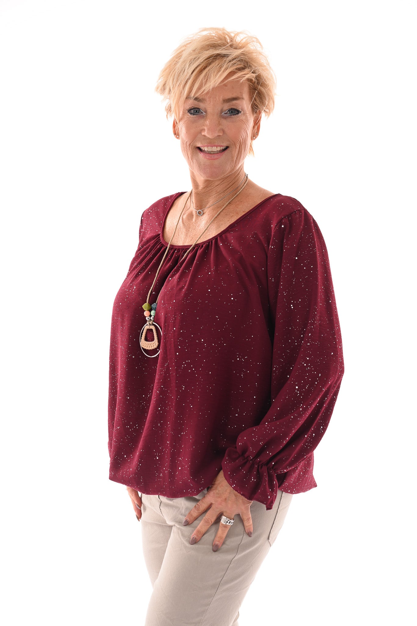 Ballon top glitter trompetmouwen met ketting bordeaux