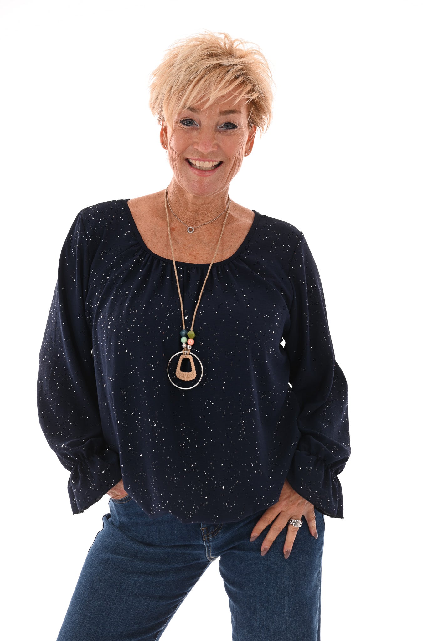 Ballon top glitter trompetmouwen met ketting marineblauw