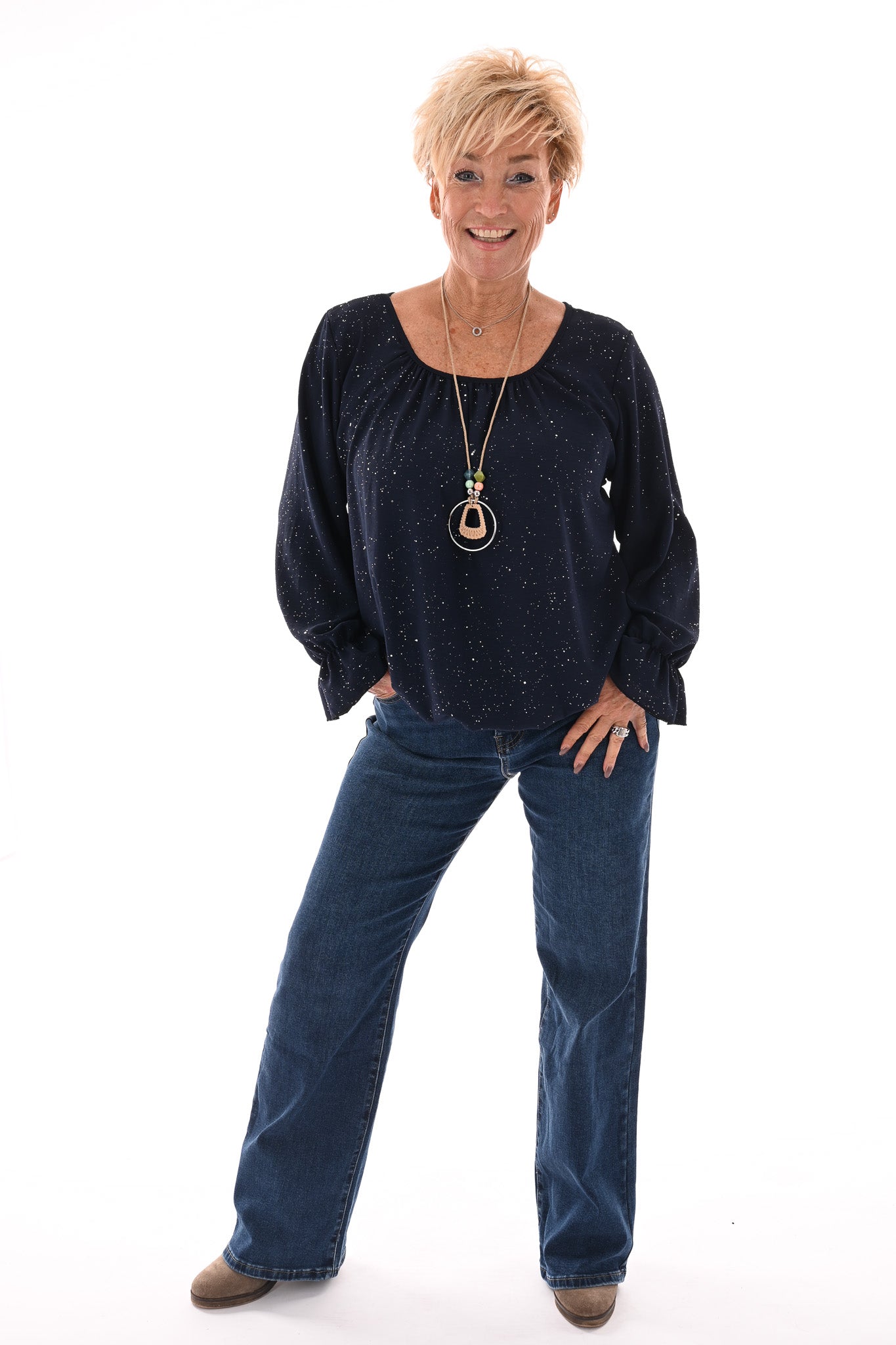 Ballon top glitter trompetmouwen met ketting marineblauw