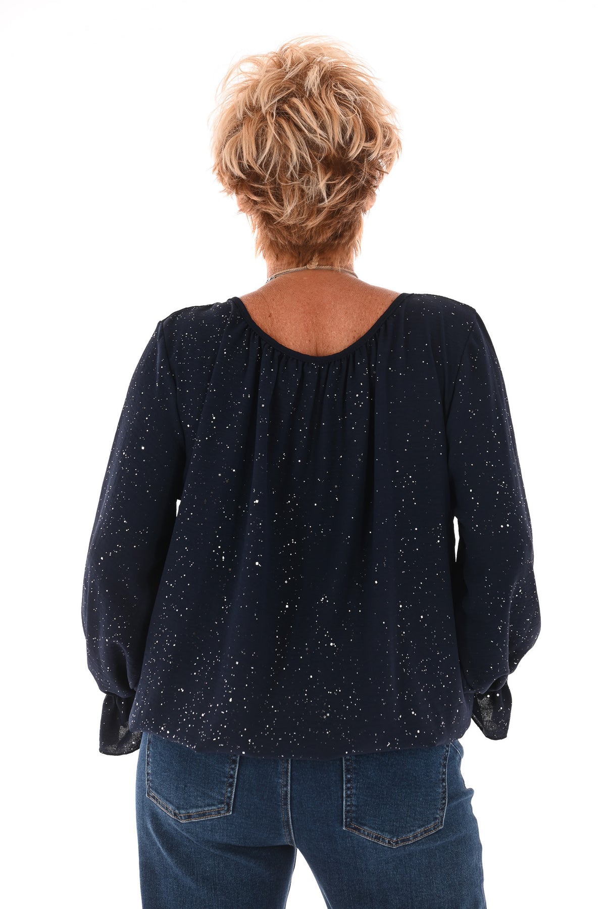 Ballon top glitter trompetmouwen met ketting marineblauw