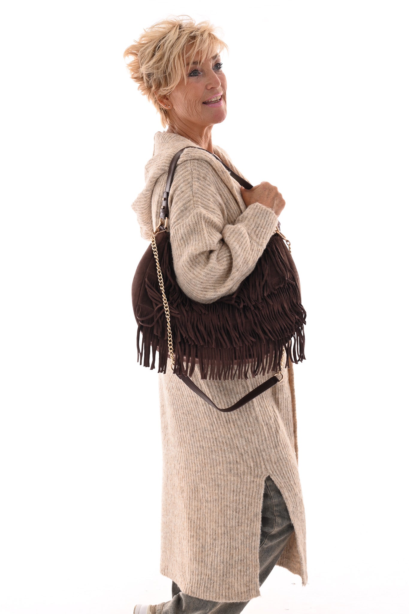 Lang gebreid vest met capuchon beige