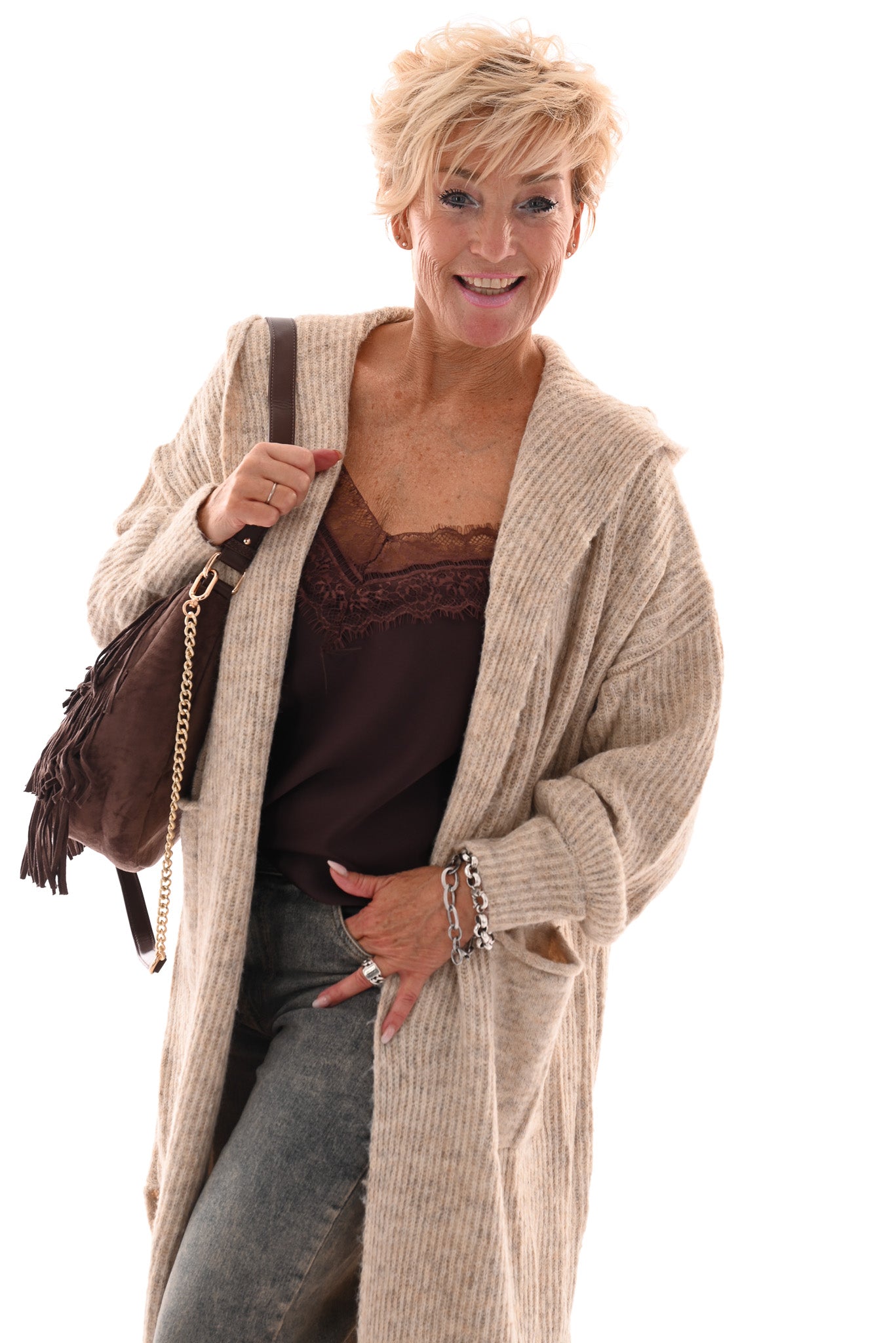 Lang gebreid vest met capuchon beige